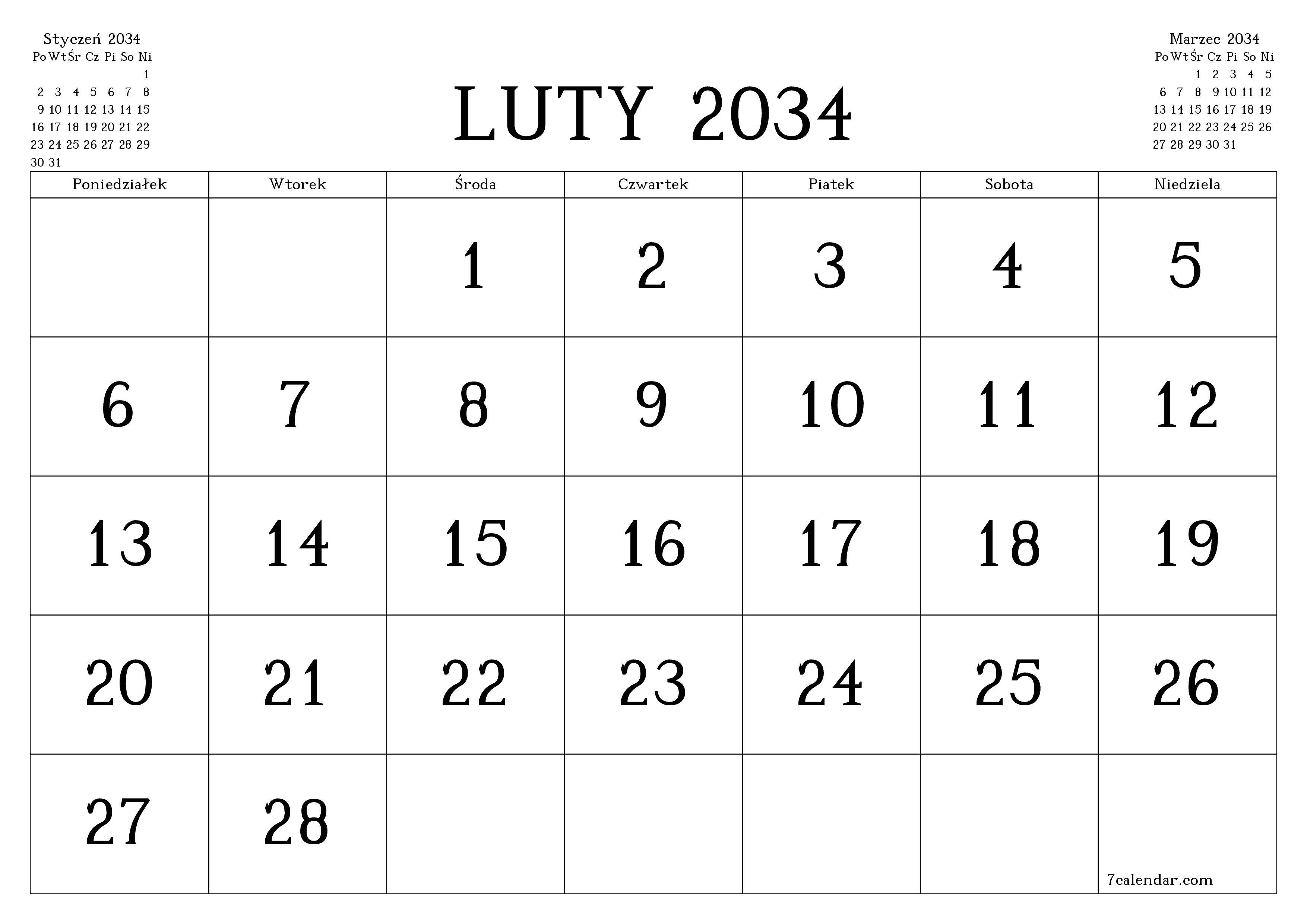 Opróżnij miesięczny planer na miesiąc Luty 2034 z notatkami, zapisz i wydrukuj w formacie PDF PNG Polish