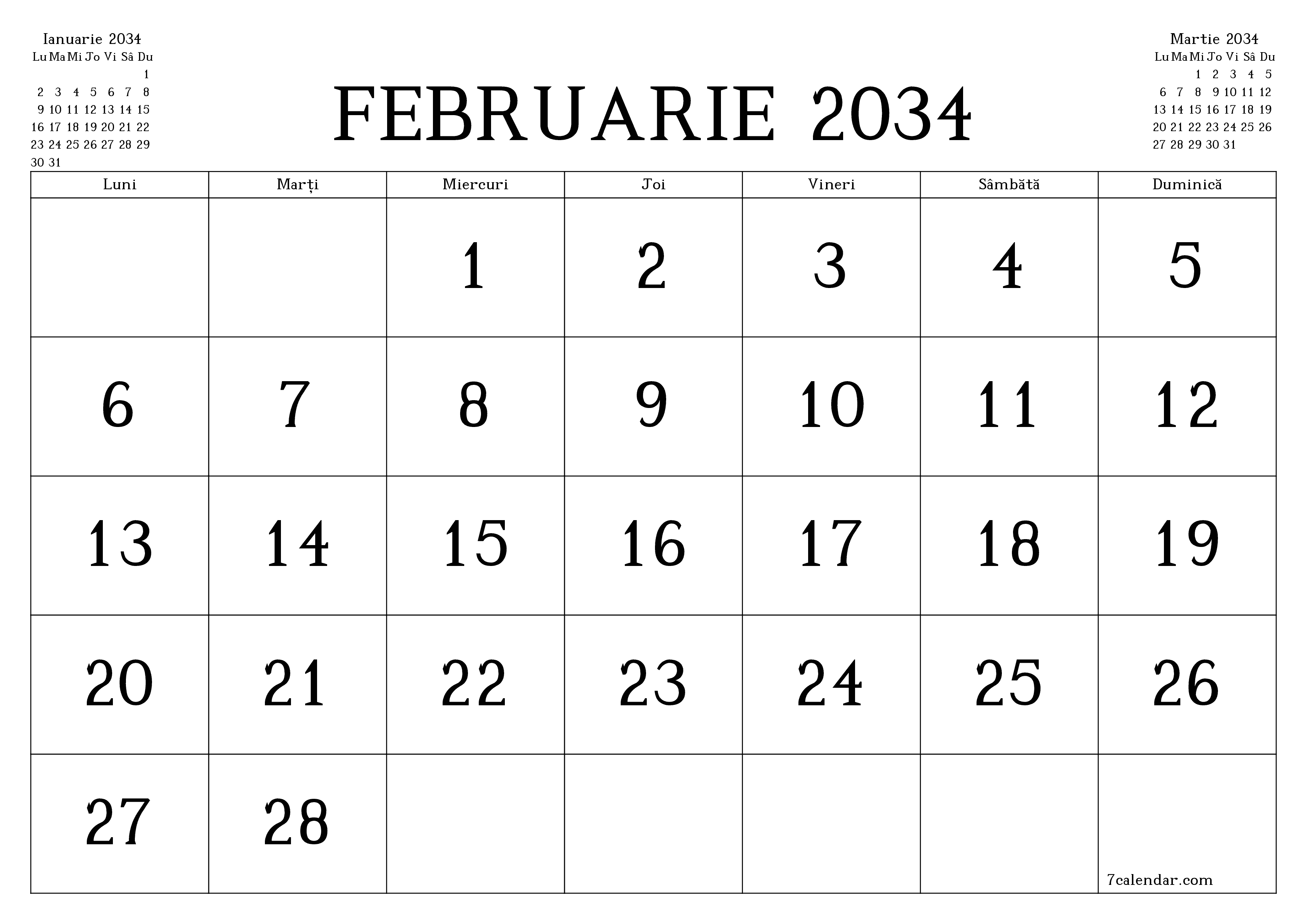 Planificator lunar gol pentru luna Februarie 2034 cu note, salvați și tipăriți în PDF PNG Romanian