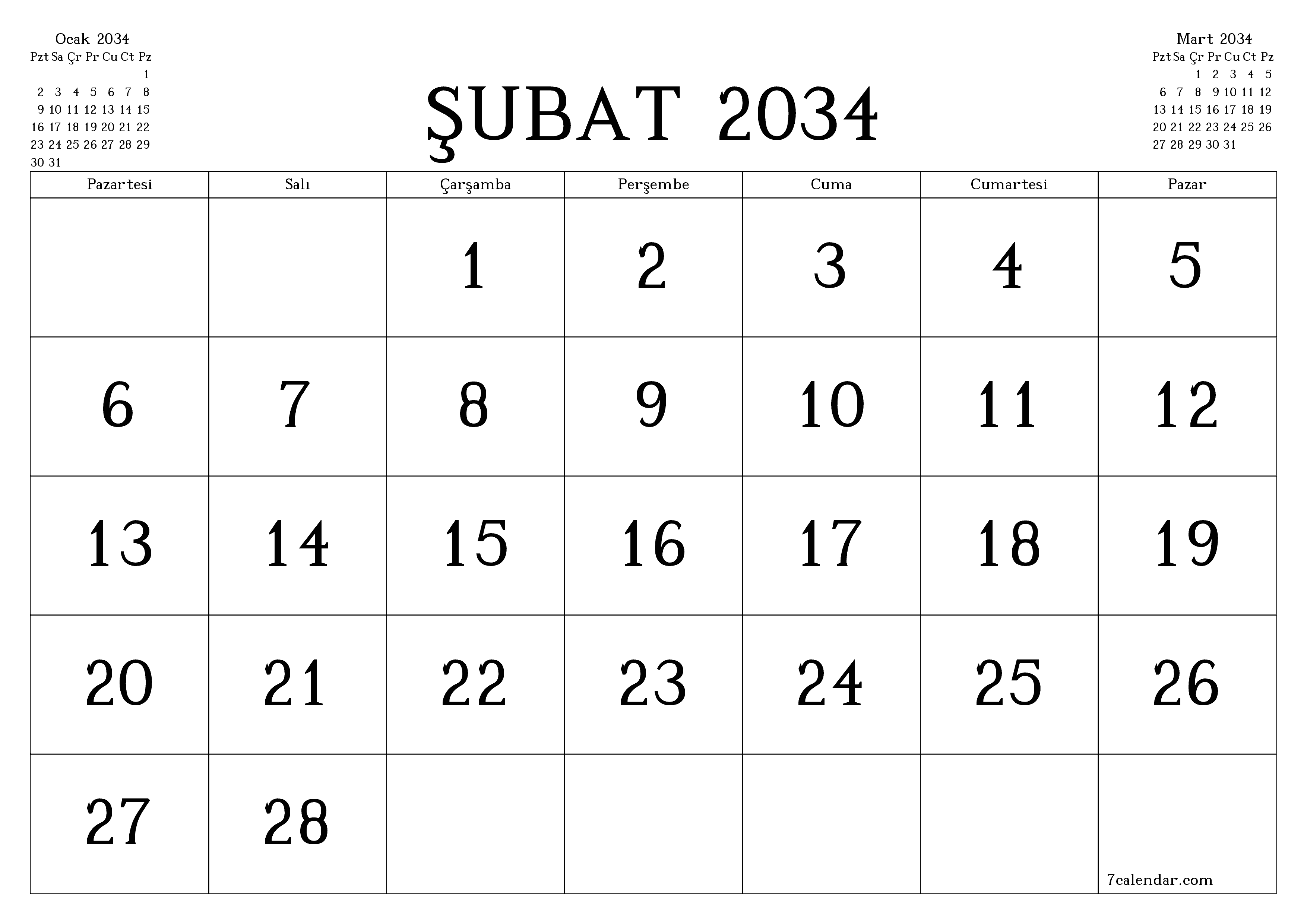 Şubat 2034 ayı için notlarla birlikte boş aylık planlayıcı, kaydedin ve PDF'ye yazdırın PNG Turkish