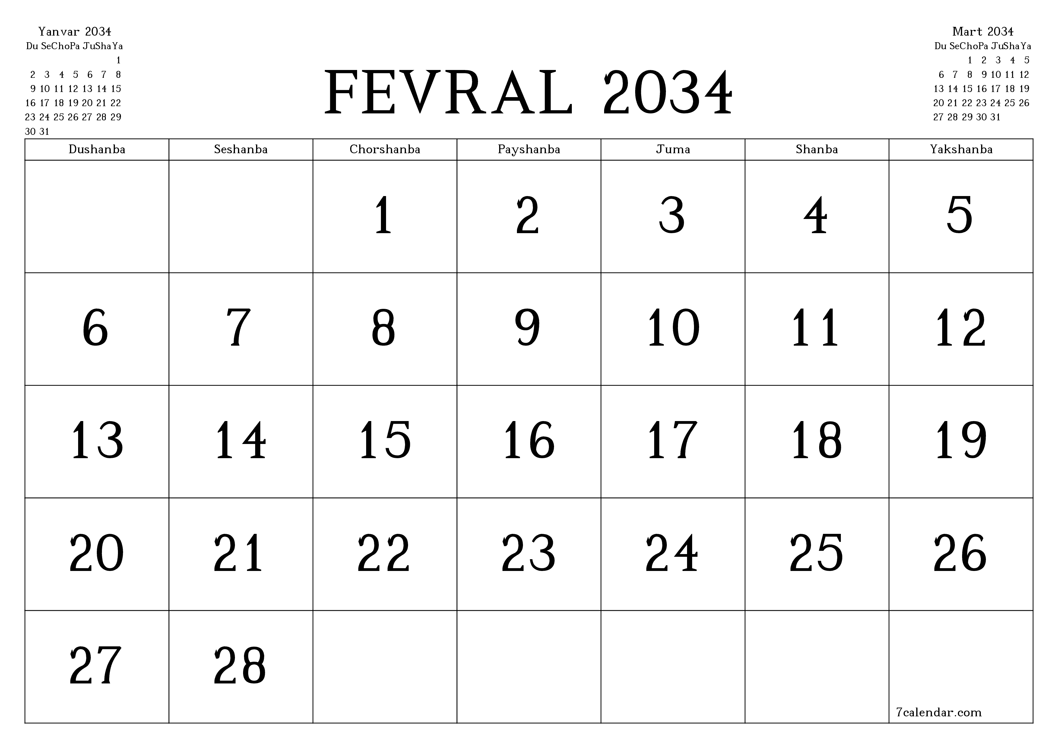 Fevral 2034 oylik oylik rejalashtiruvchini yozuvlar bilan bo'shatish, saqlash va PDF-ga chop etish PNG Uzbek