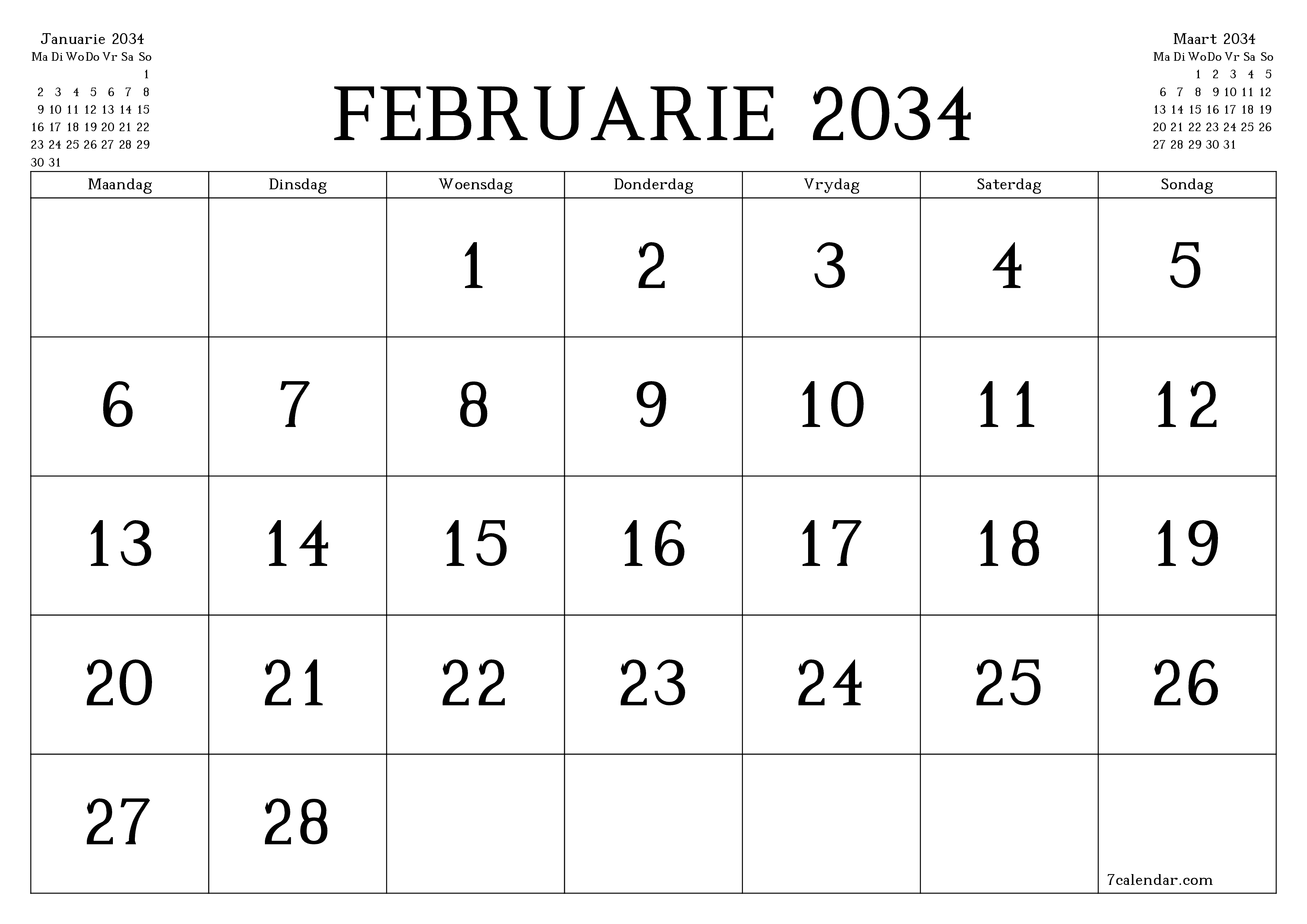 Leë maandelikse drukbare kalender en beplanner vir maand Februarie 2034 met notas stoor en druk na PDF PNG Afrikaans