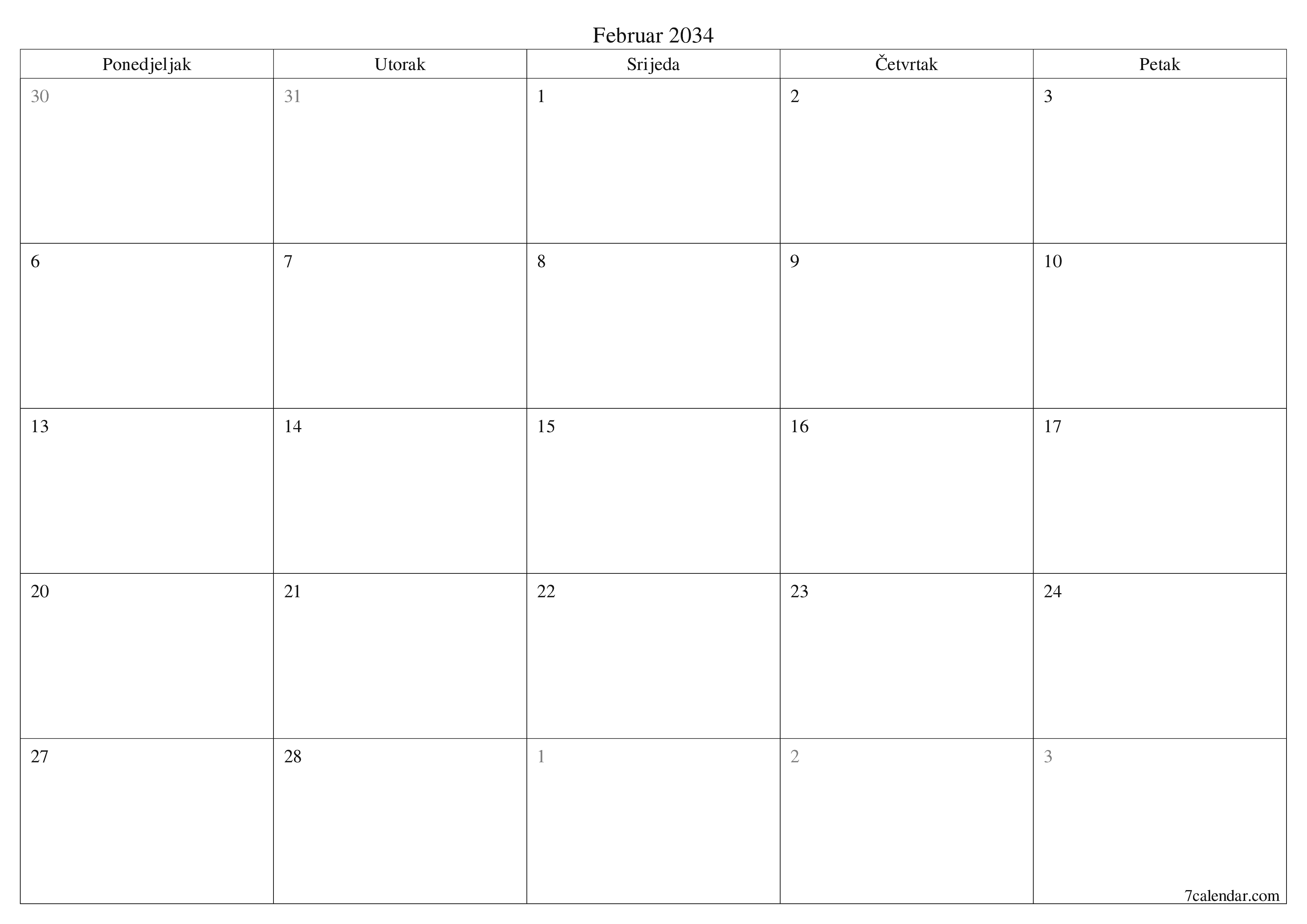 Ispraznite mjesečni planer za mjesec Februar 2034 s bilješkama, spremite i ispišite u PDF PNG Bosnian
