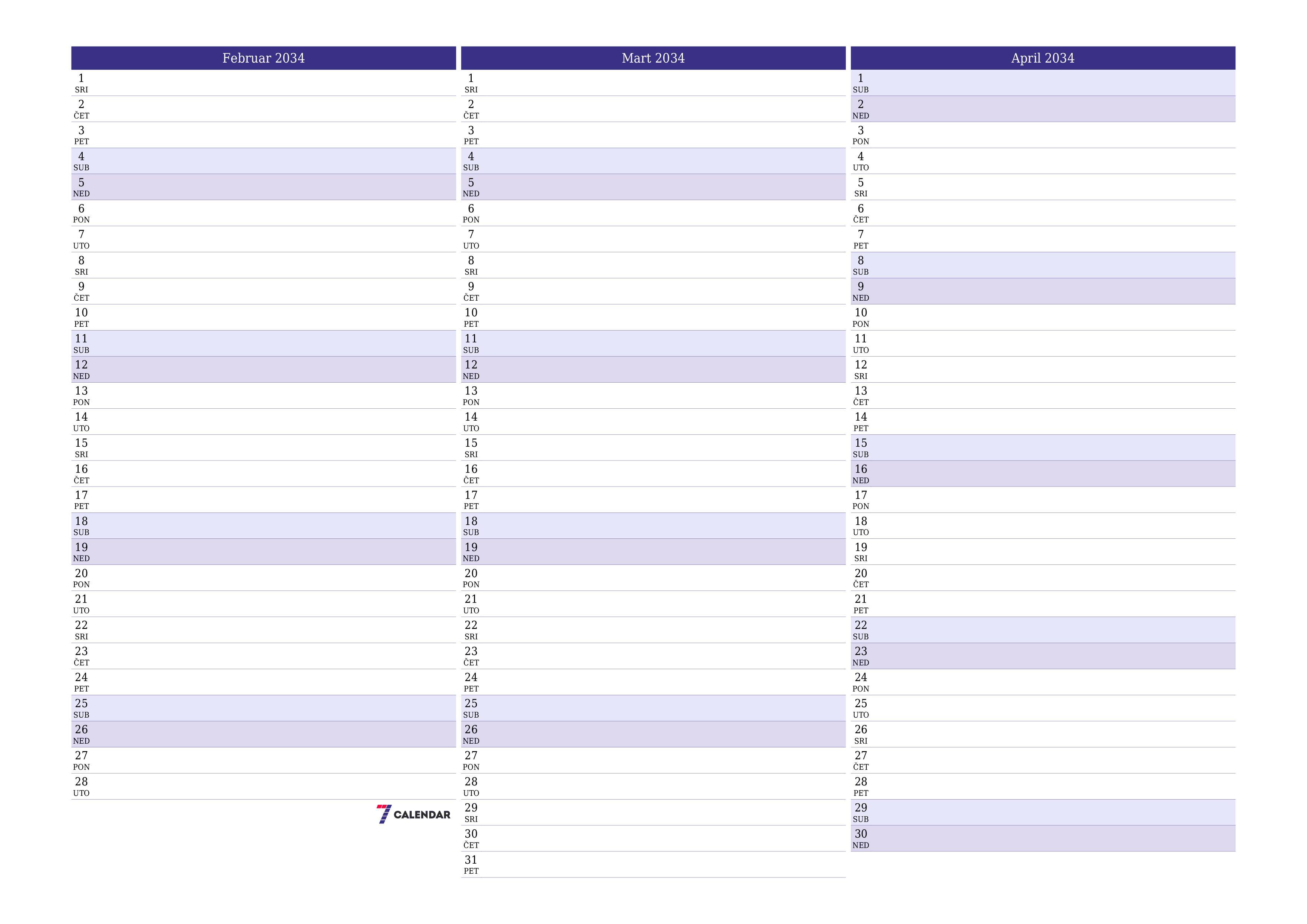 Ispraznite mjesečni planer za mjesec Februar 2034 s bilješkama, spremite i ispišite u PDF PNG Bosnian