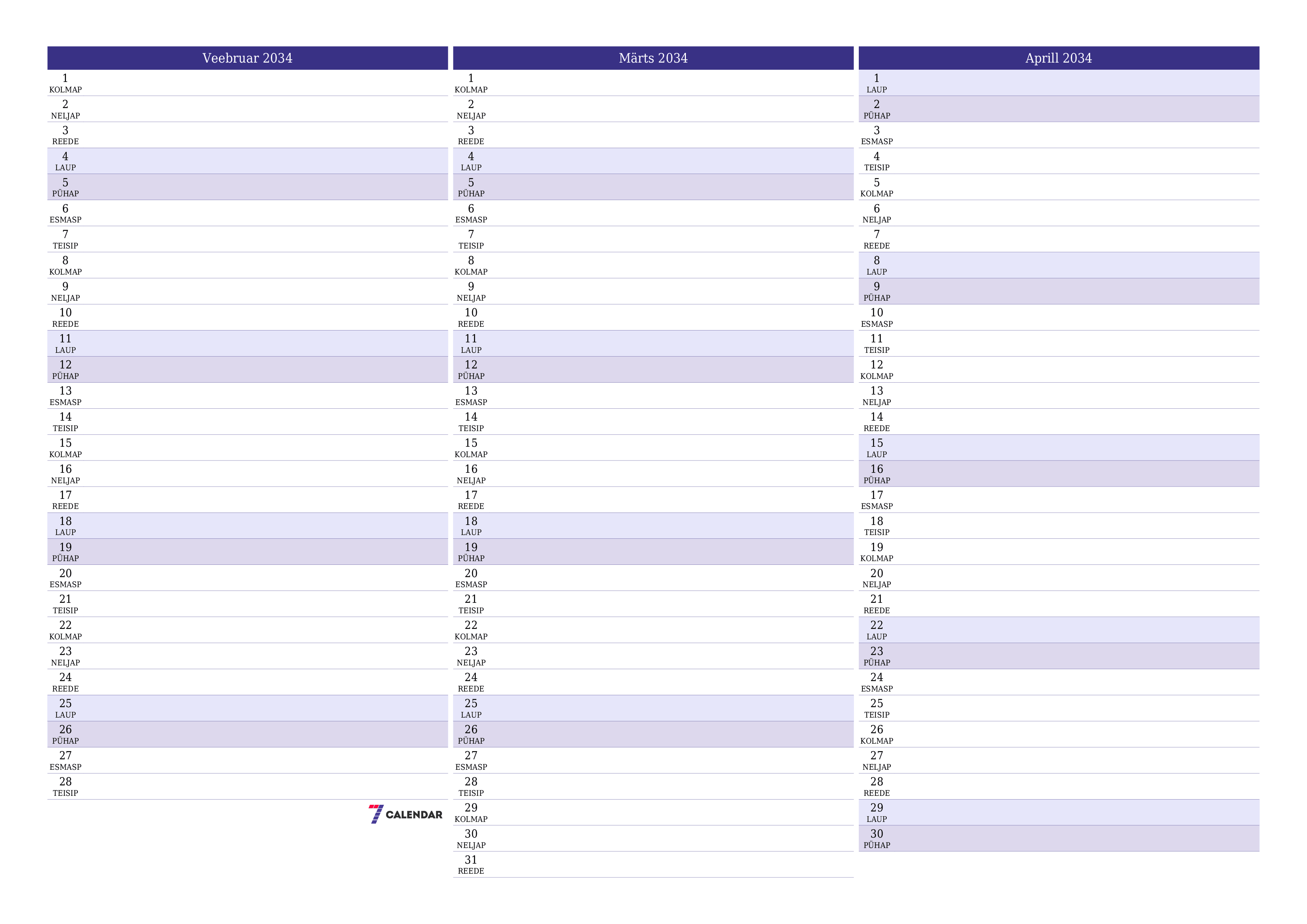 Tühjendage kuu Veebruar 2034 kuuplaneerija märkmetega, salvestage ja printige PDF-i PNG Estonian