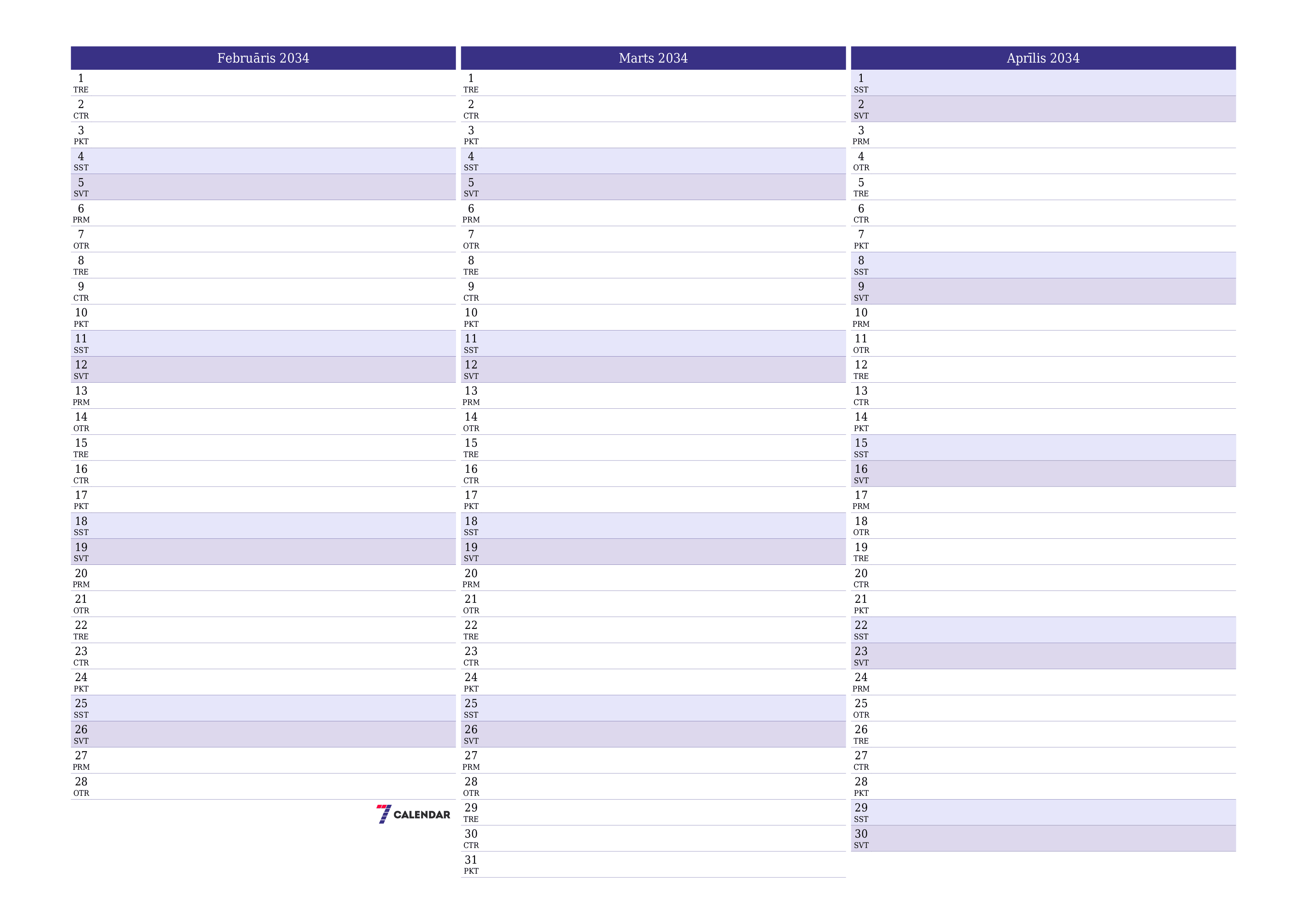 Iztukšot mēneša plānotāju mēnesim Februāris 2034 ar piezīmēm, saglabāt un izdrukāt PDF formātā PNG Latvian