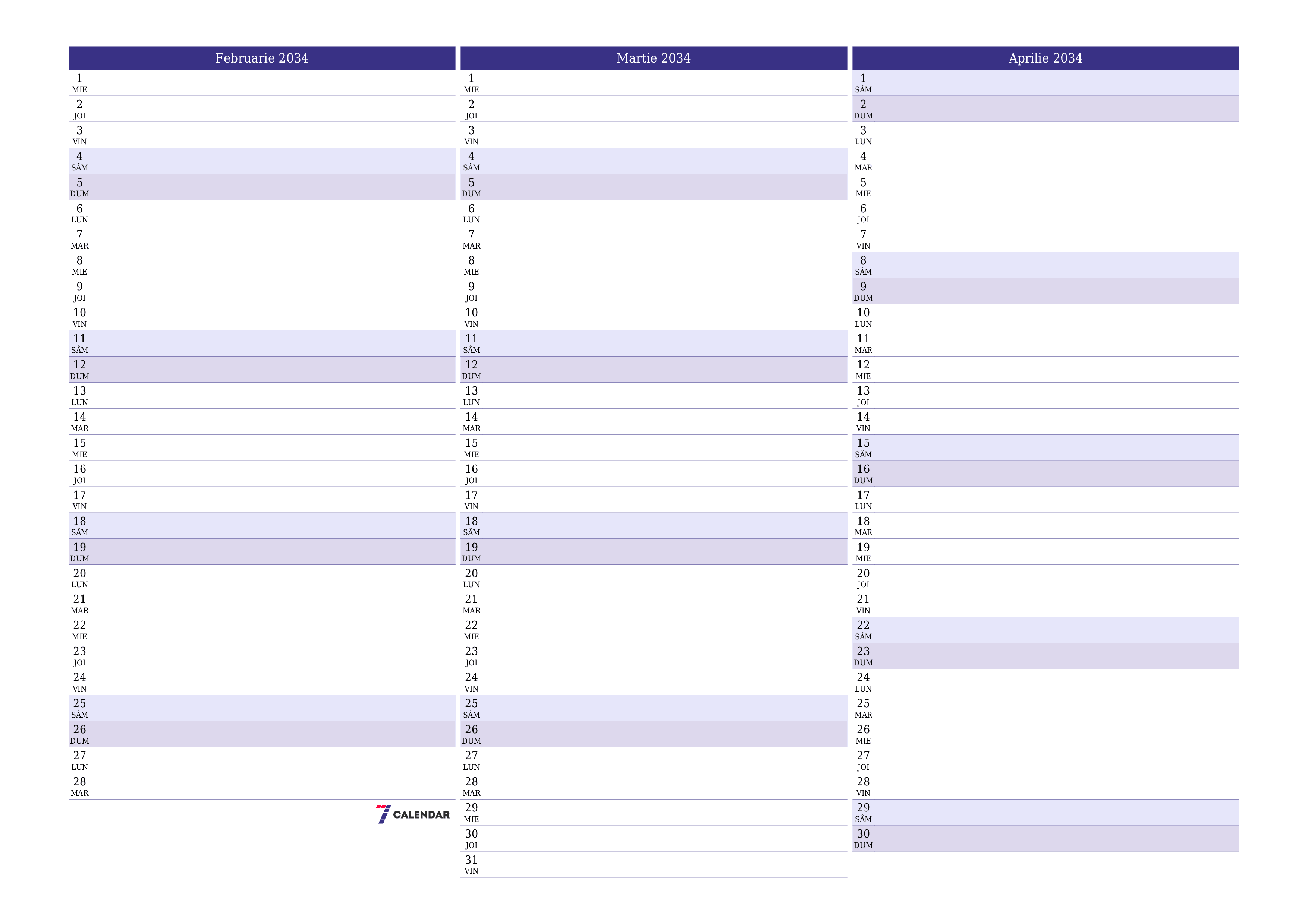 Planificator lunar gol pentru luna Februarie 2034 cu note, salvați și tipăriți în PDF PNG Romanian
