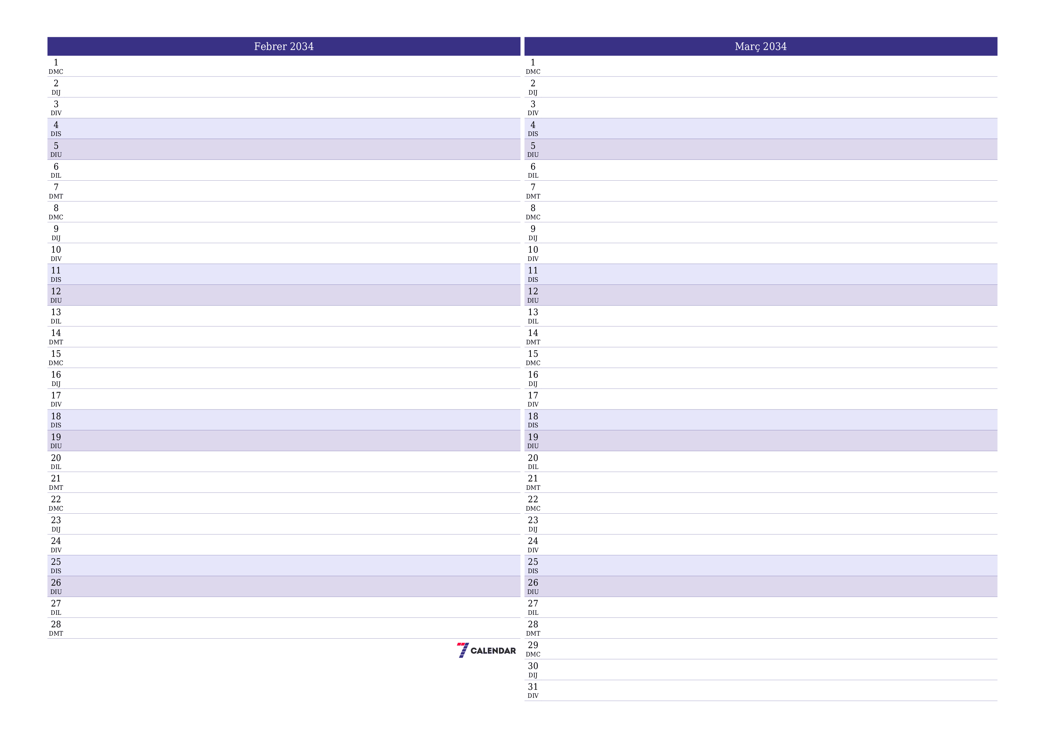 Planificador mensual buit del mes Febrer 2034 amb notes, deseu-lo i imprimiu-lo en format PDF PNG Catalan