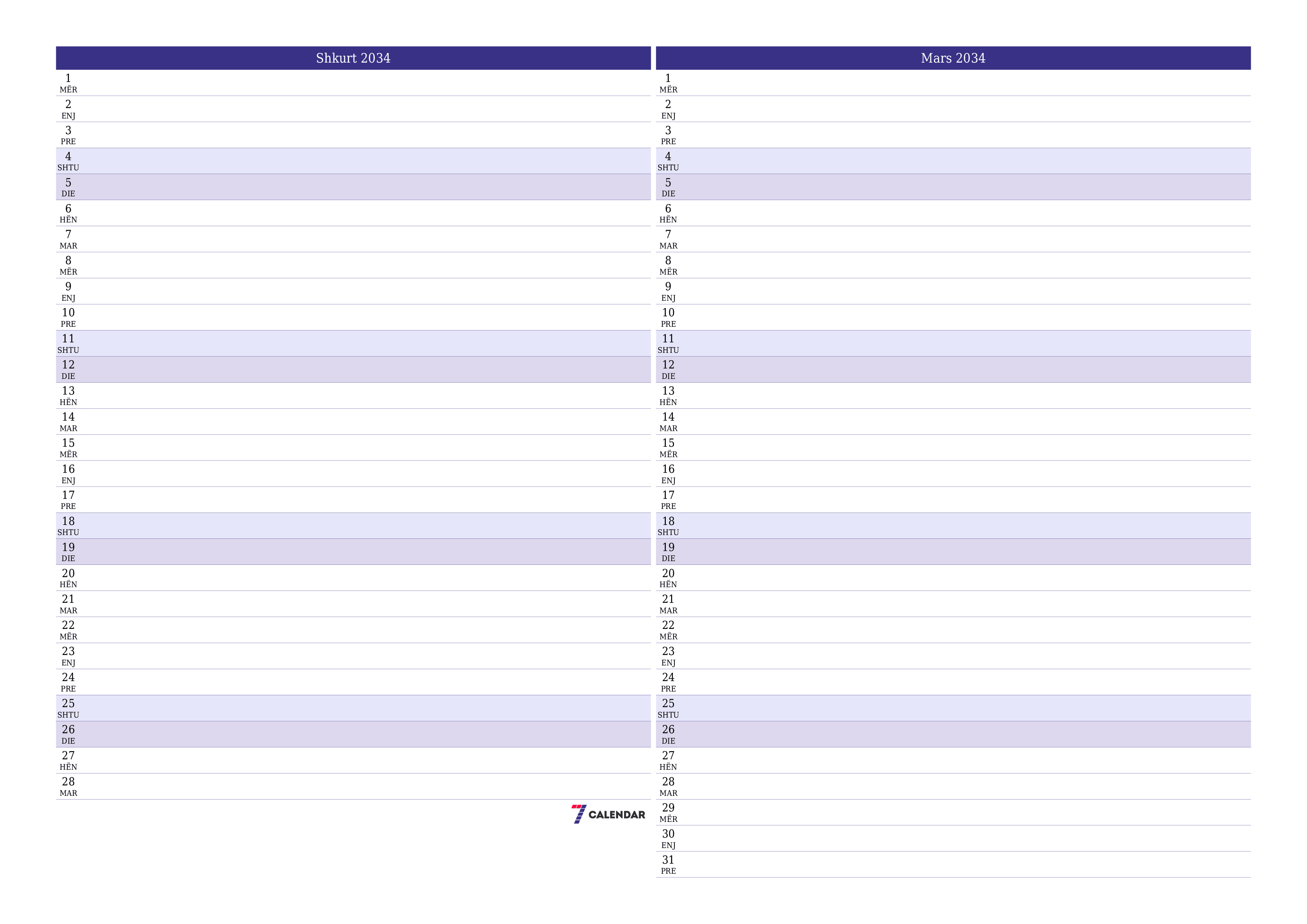 Planifikuesi i zbrazët i kalendarit mujor për muajin Shkurt 2034 me shënime të ruajtura dhe të printuara në PDF PNG Albanian