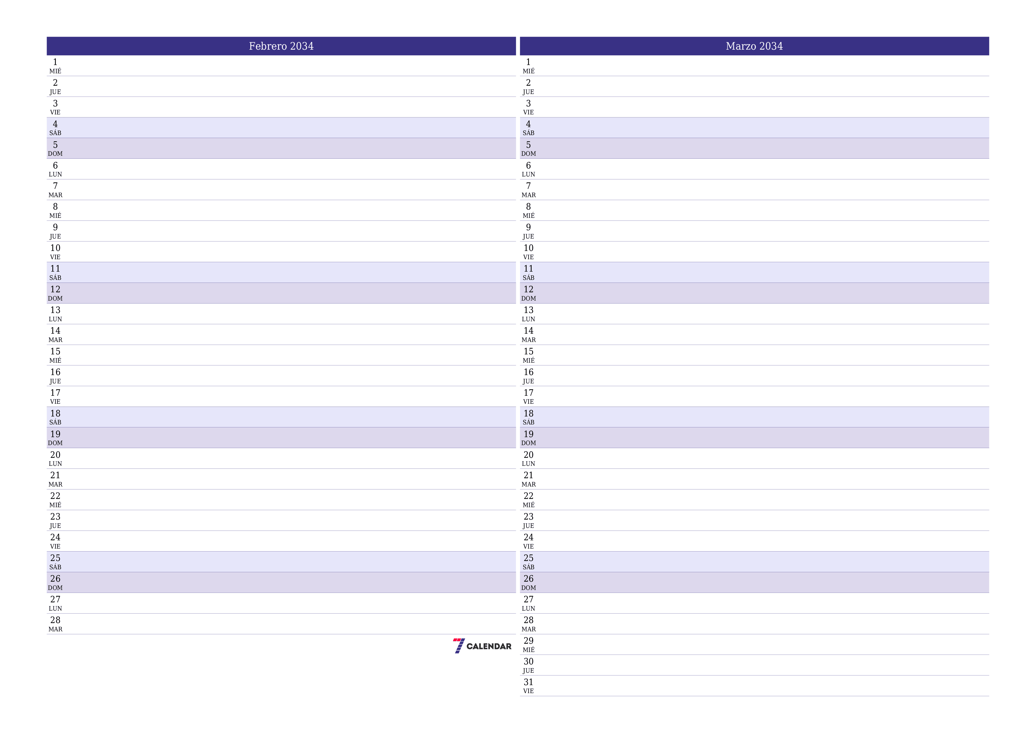 Planificador mensual vacío para el mes Febrero 2034 con notas, guardar e imprimir en PDF PNG Spanish