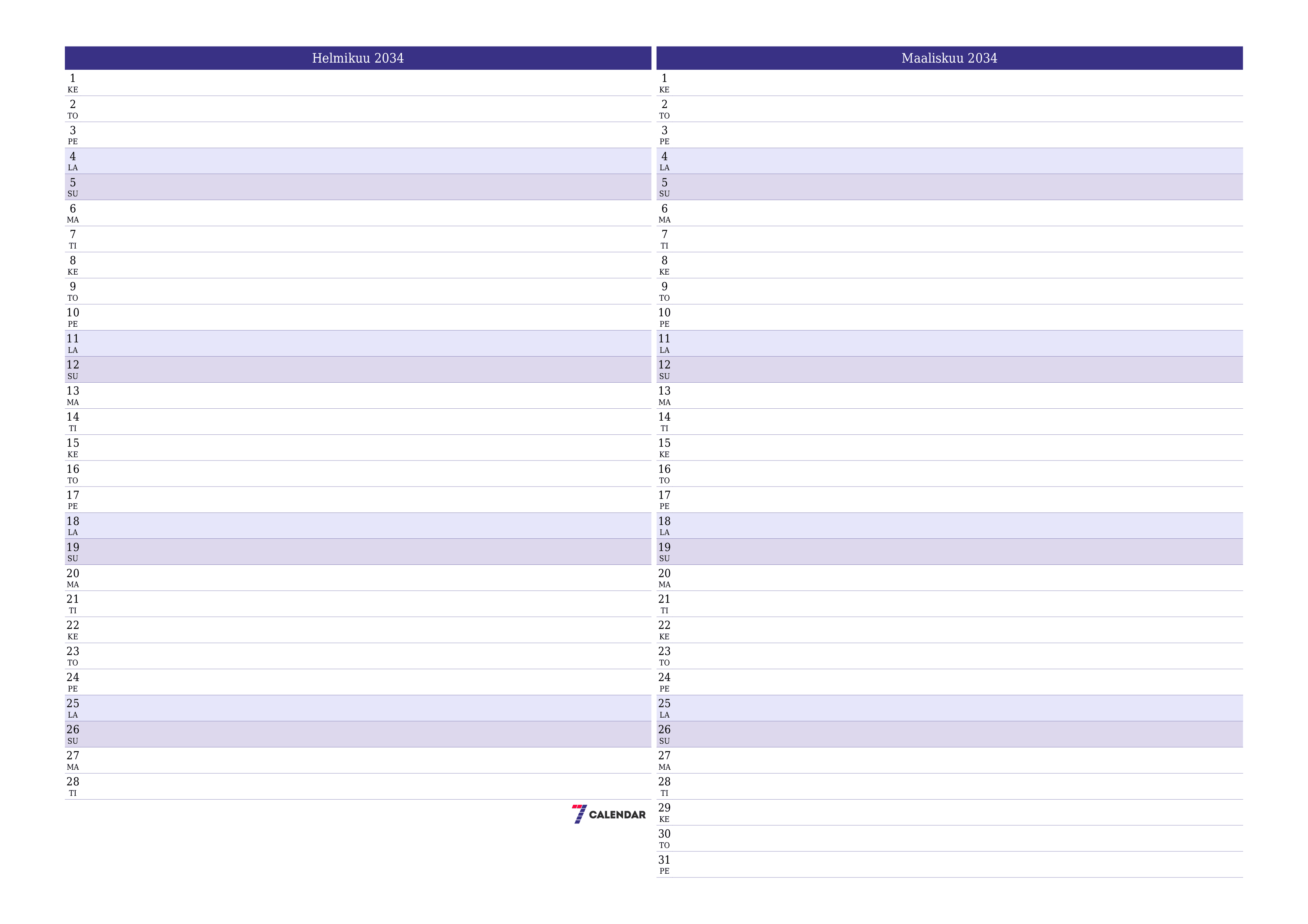 Tyhjennä kuukausittainen suunnittelija kuukaudelle Helmikuu 2034 muistiinpanoilla, tallenna ja tulosta PDF-muotoon PNG Finnish