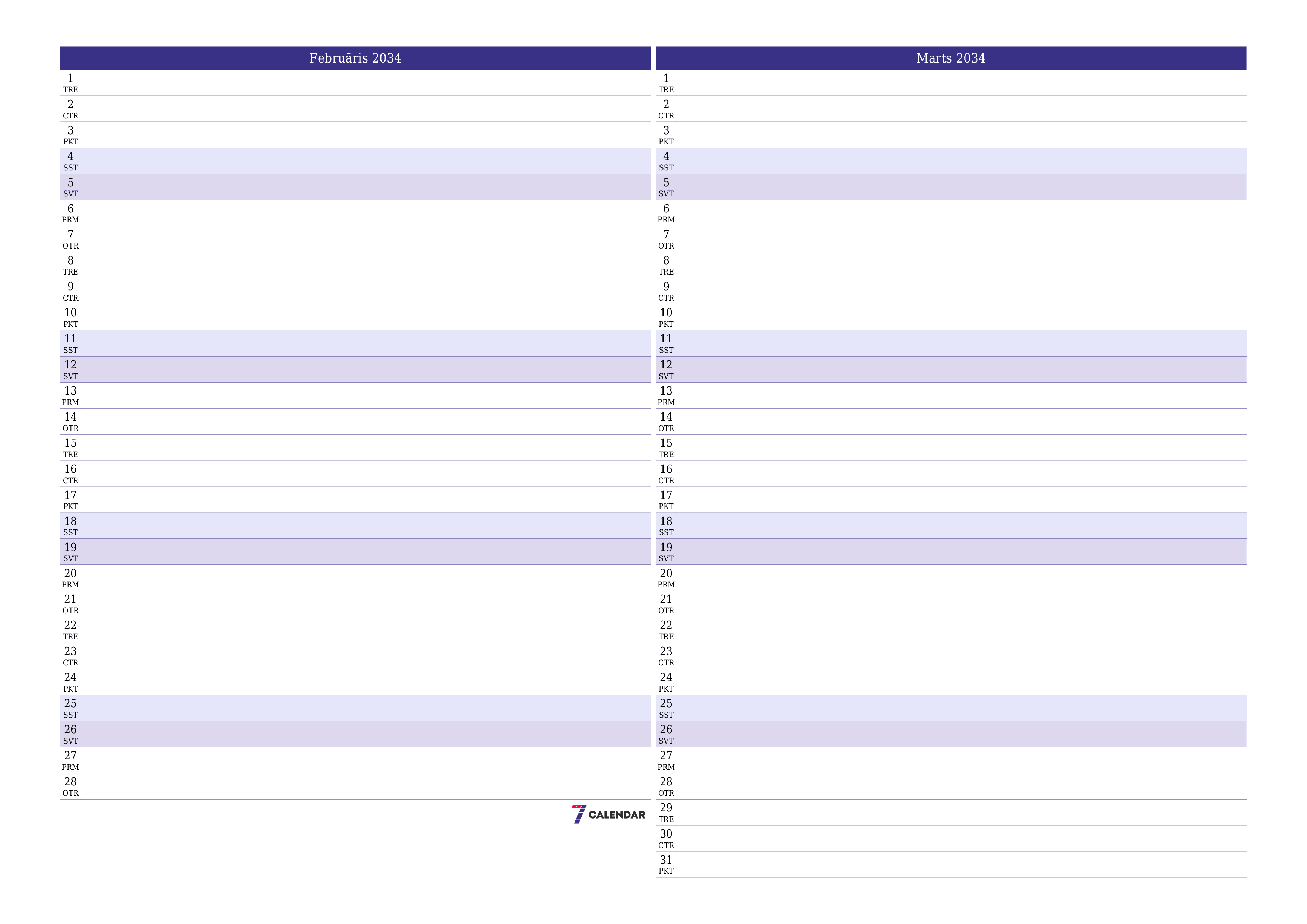 Iztukšot mēneša plānotāju mēnesim Februāris 2034 ar piezīmēm, saglabāt un izdrukāt PDF formātā PNG Latvian