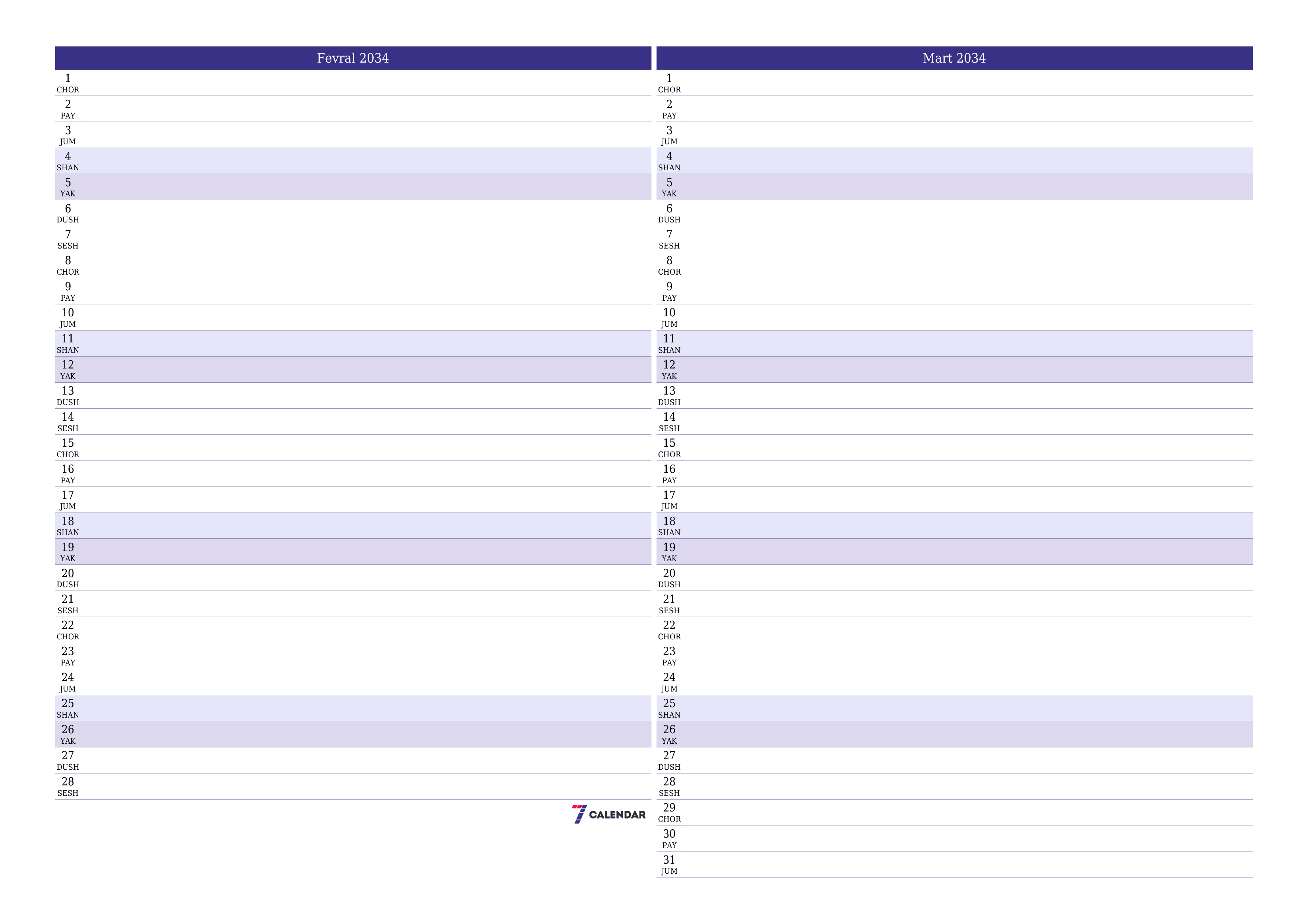 Fevral 2034 oylik oylik rejalashtiruvchini yozuvlar bilan bo'shatish, saqlash va PDF-ga chop etish PNG Uzbek