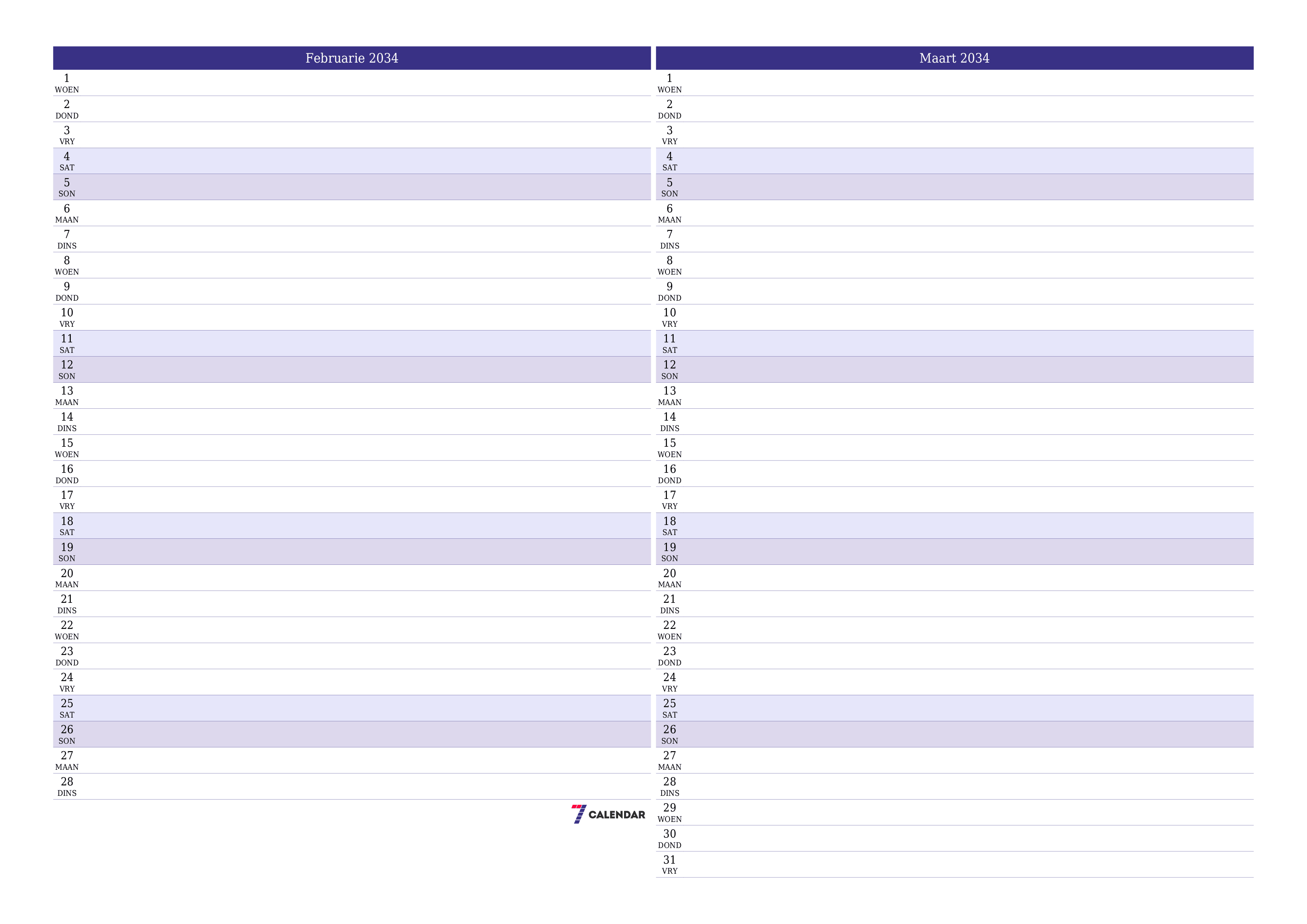 Leë maandelikse drukbare kalender en beplanner vir maand Februarie 2034 met notas stoor en druk na PDF PNG Afrikaans