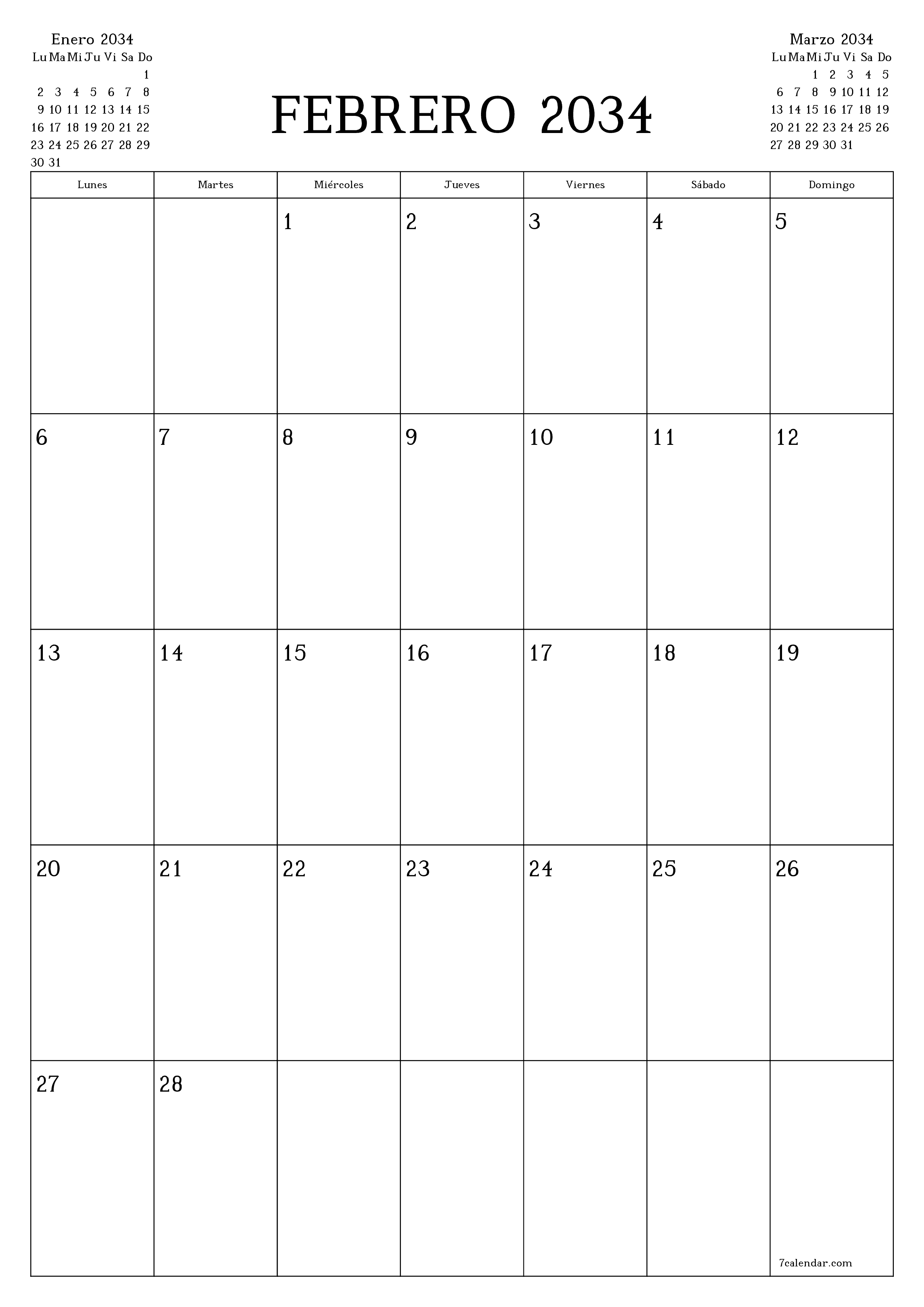  imprimible de pared plantilla de gratisvertical Mensual planificador calendario Febrero (Feb) 2034