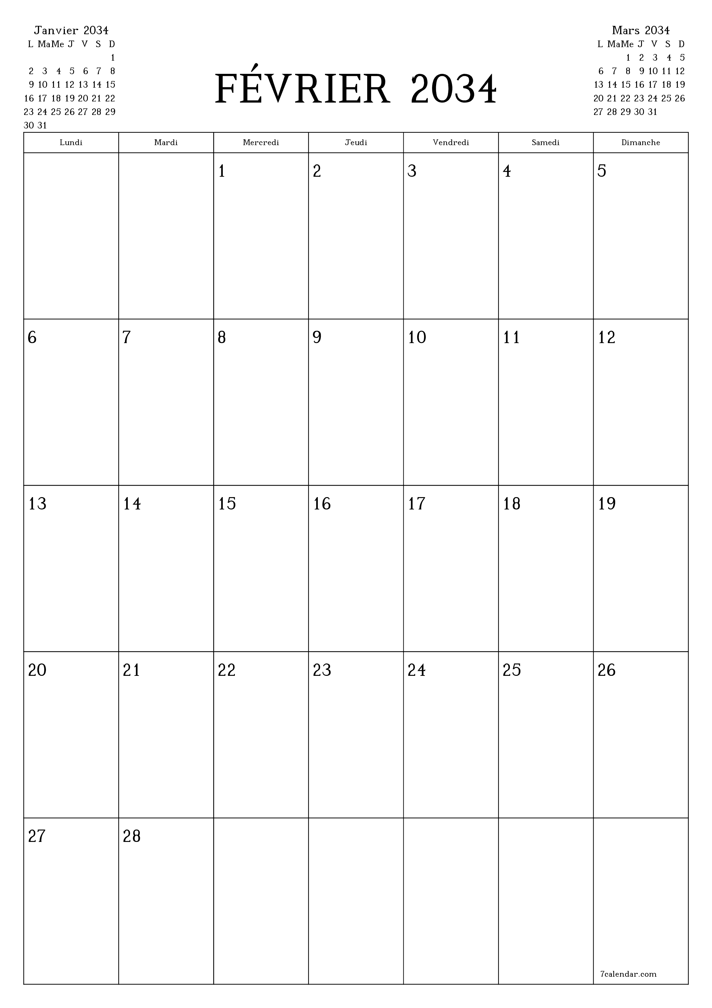  imprimable mural modèle de gratuitverticale Mensuel planificateur calendrier Février (Fév) 2034