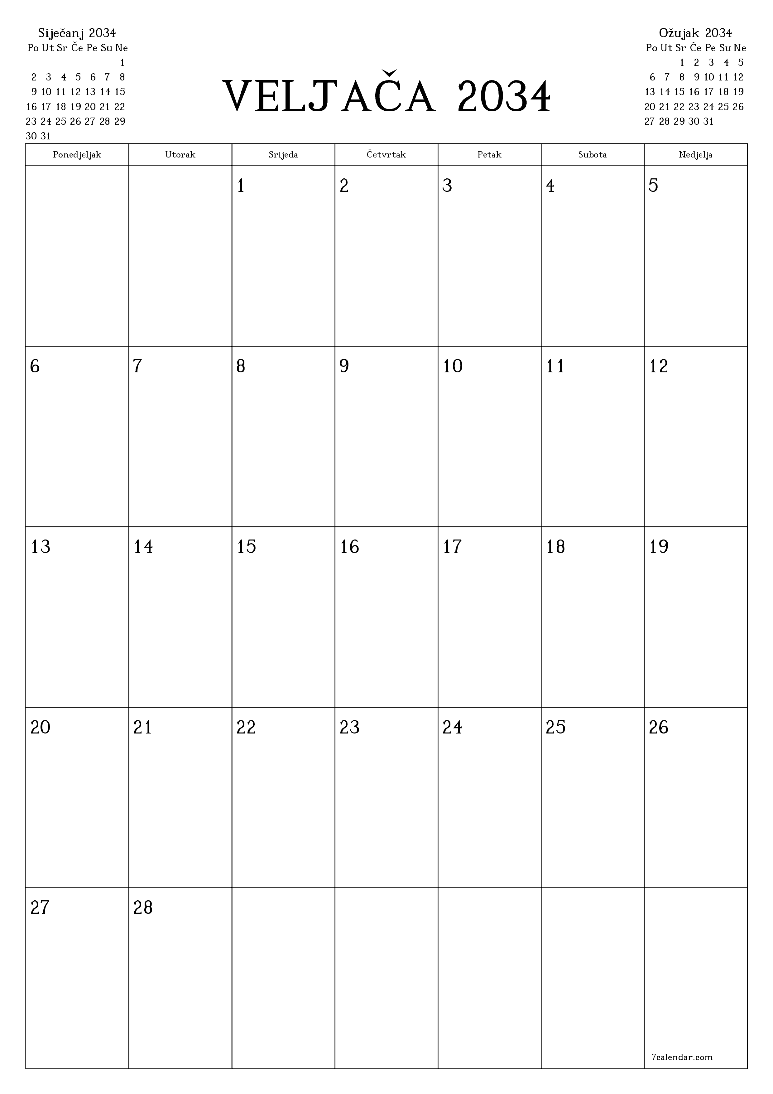  za ispis zidni predložak a besplatni okomito Mjesečni planer kalendar Veljača (Vel) 2034