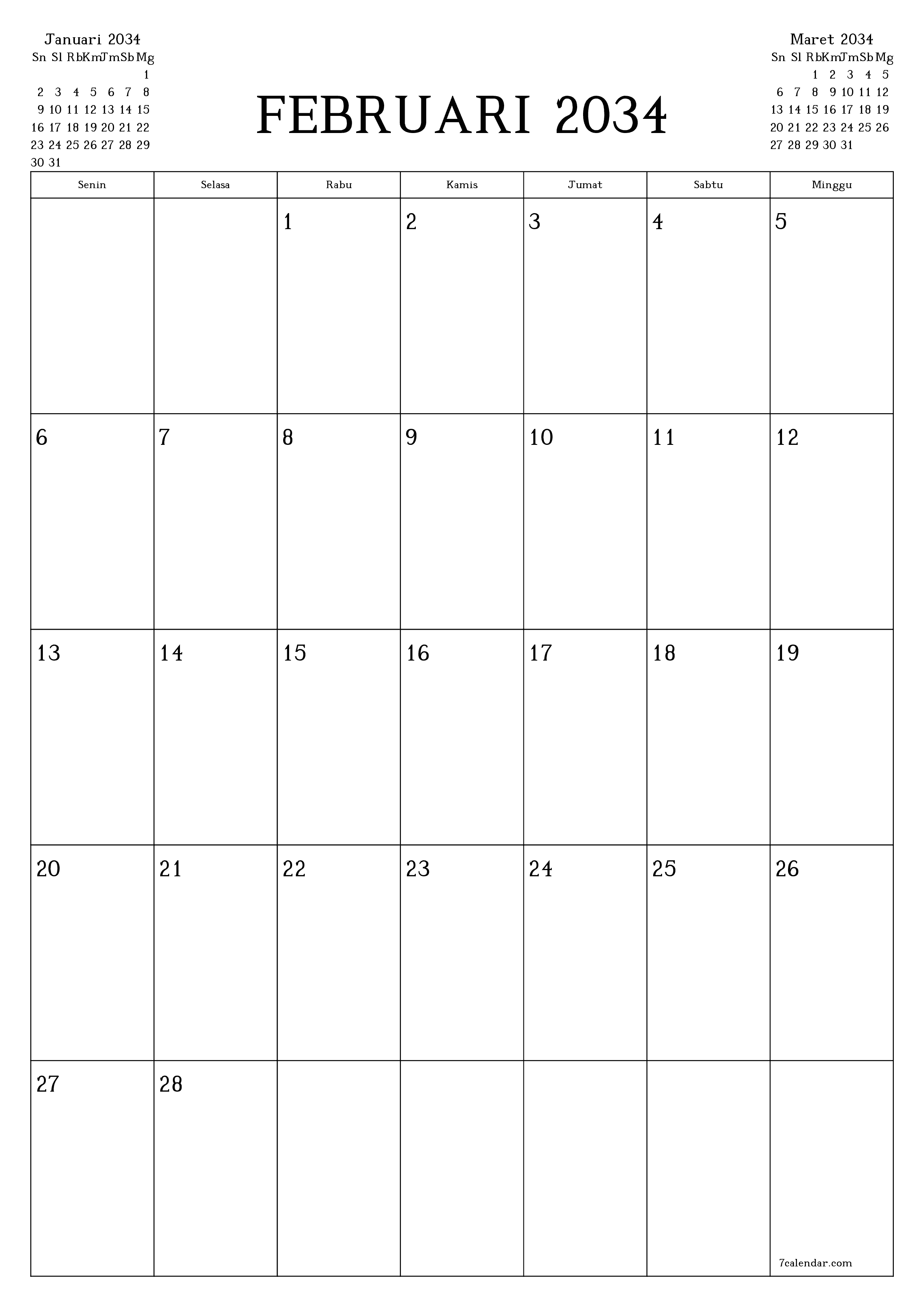 Kosongkan agenda bulanan untuk bulan Februari 2034 dengan catatan, simpan dan cetak ke PDF PNG Indonesian