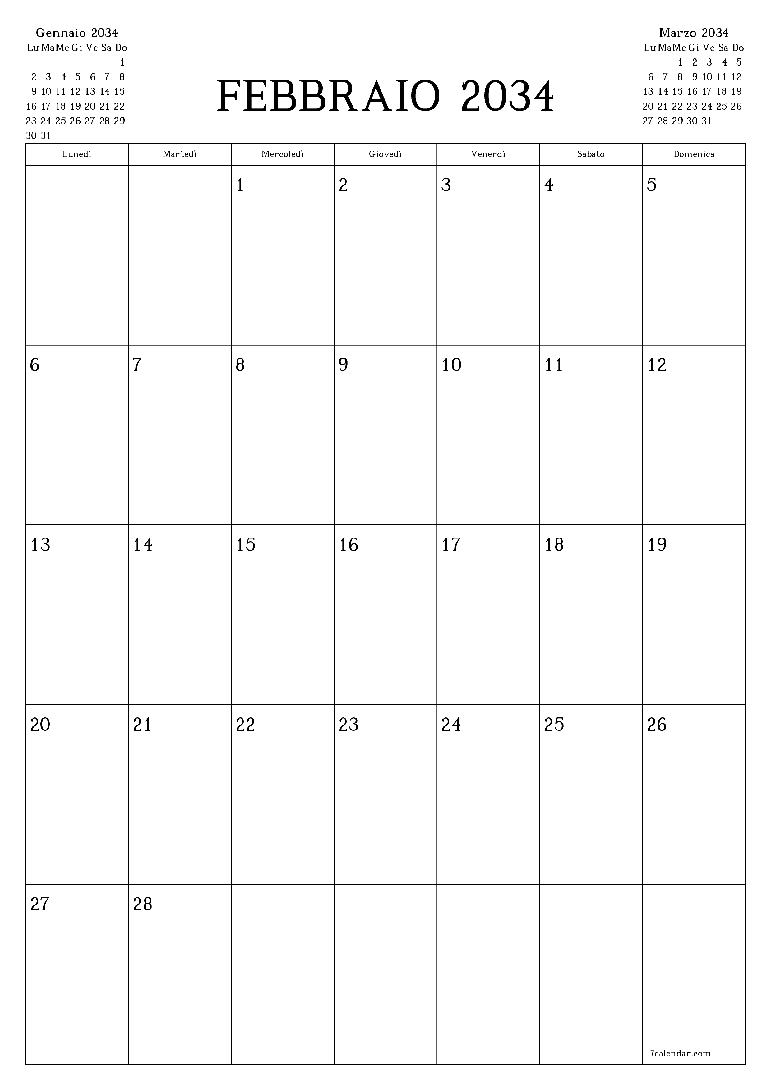 Pianificatore mensile vuoto per il mese Febbraio 2034 con note, salva e stampa in PDF PNG Italian