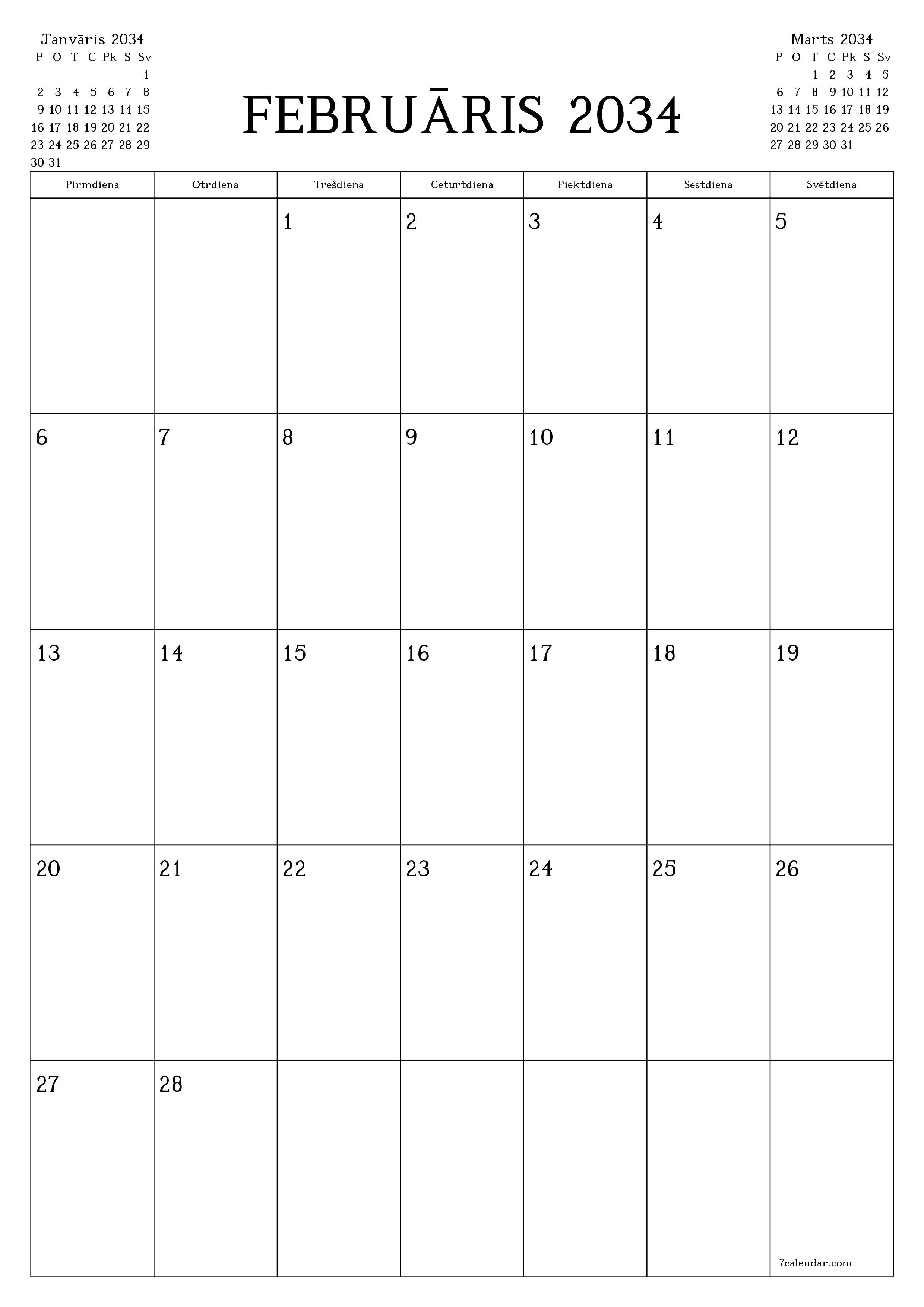 izdrukājams sienas kalendāra veidne bezmaksas vertikāli Mēneša plānotājs kalendārs Februāris (Feb) 2034