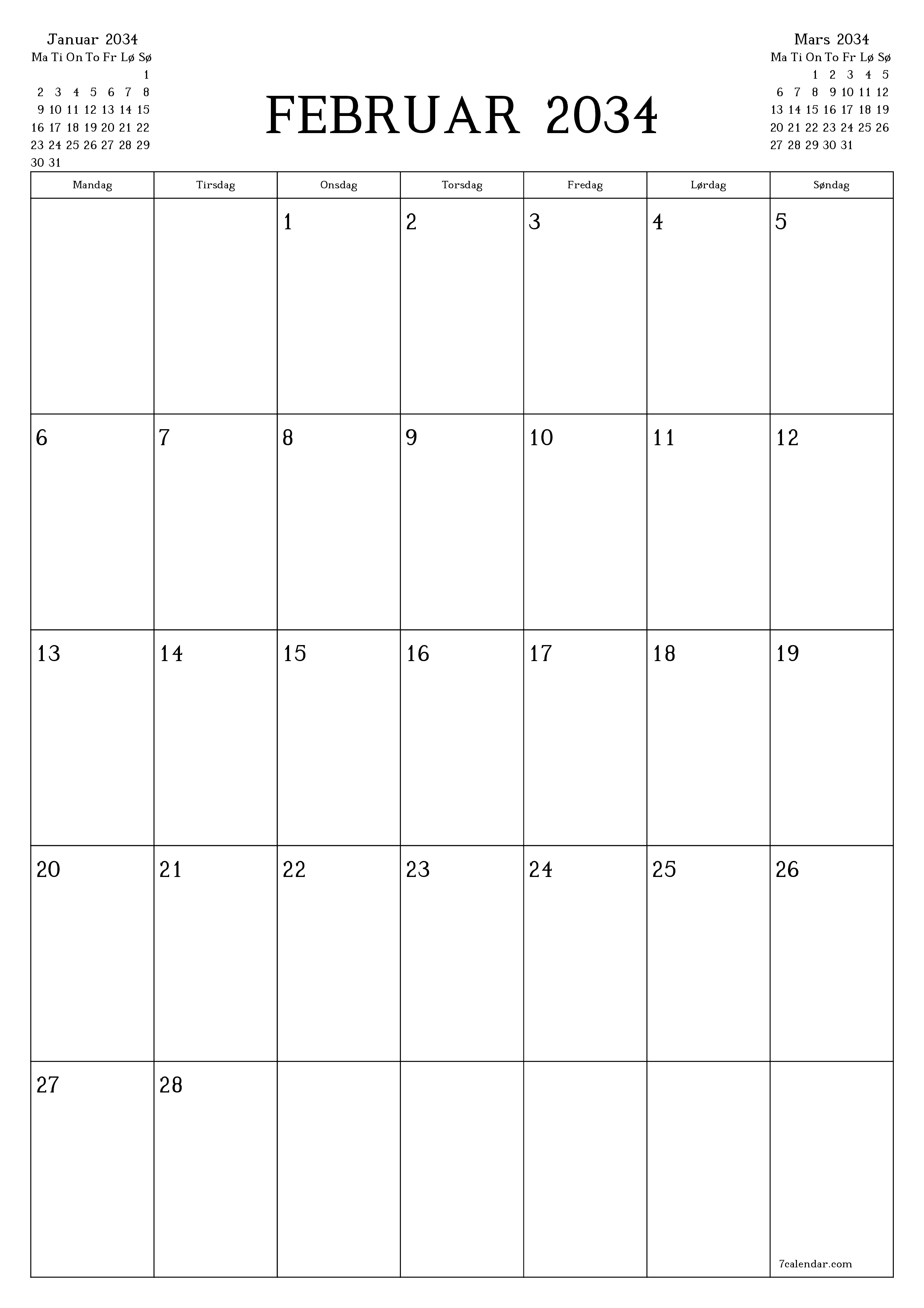 utskrivbar vegg mal gratis vertikal Månedlig planlegger kalender Februar (Feb) 2034