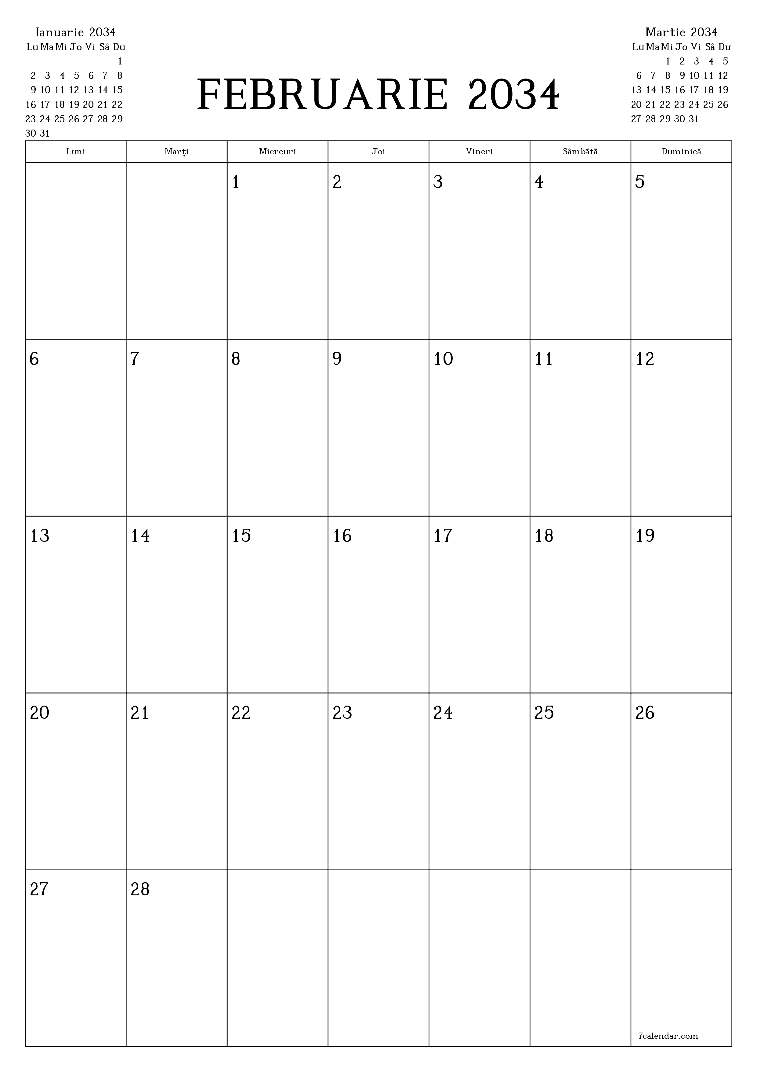  imprimabil de perete șablon de gratuitvertical Lunar planificator calendar Februarie (Feb) 2034