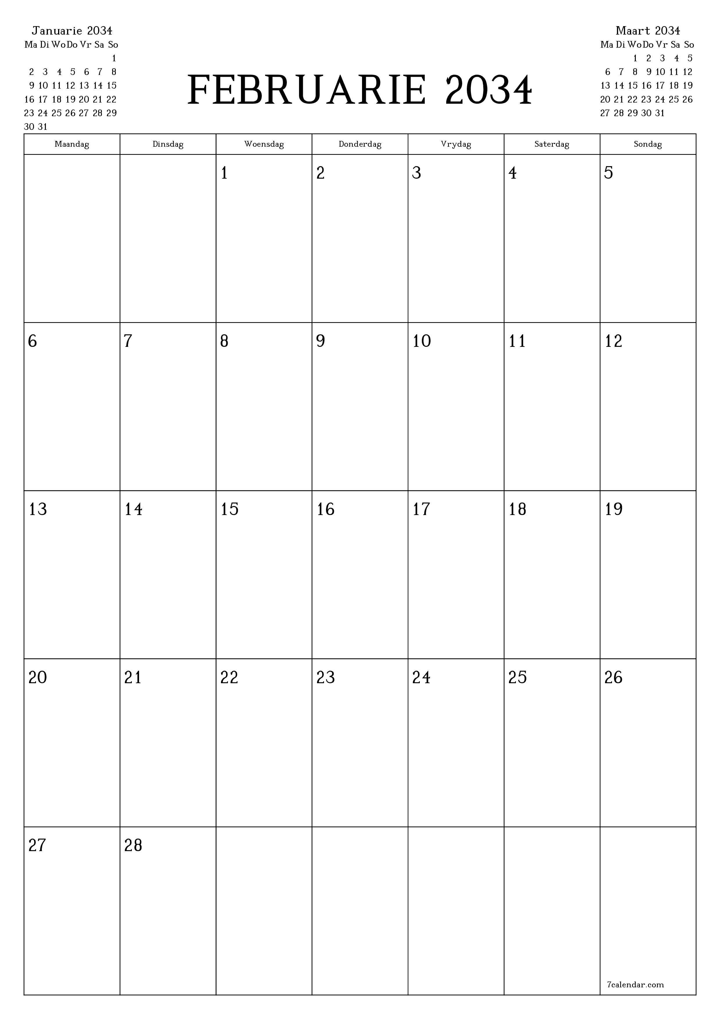 Leë maandelikse drukbare kalender en beplanner vir maand Februarie 2034 met notas stoor en druk na PDF PNG Afrikaans