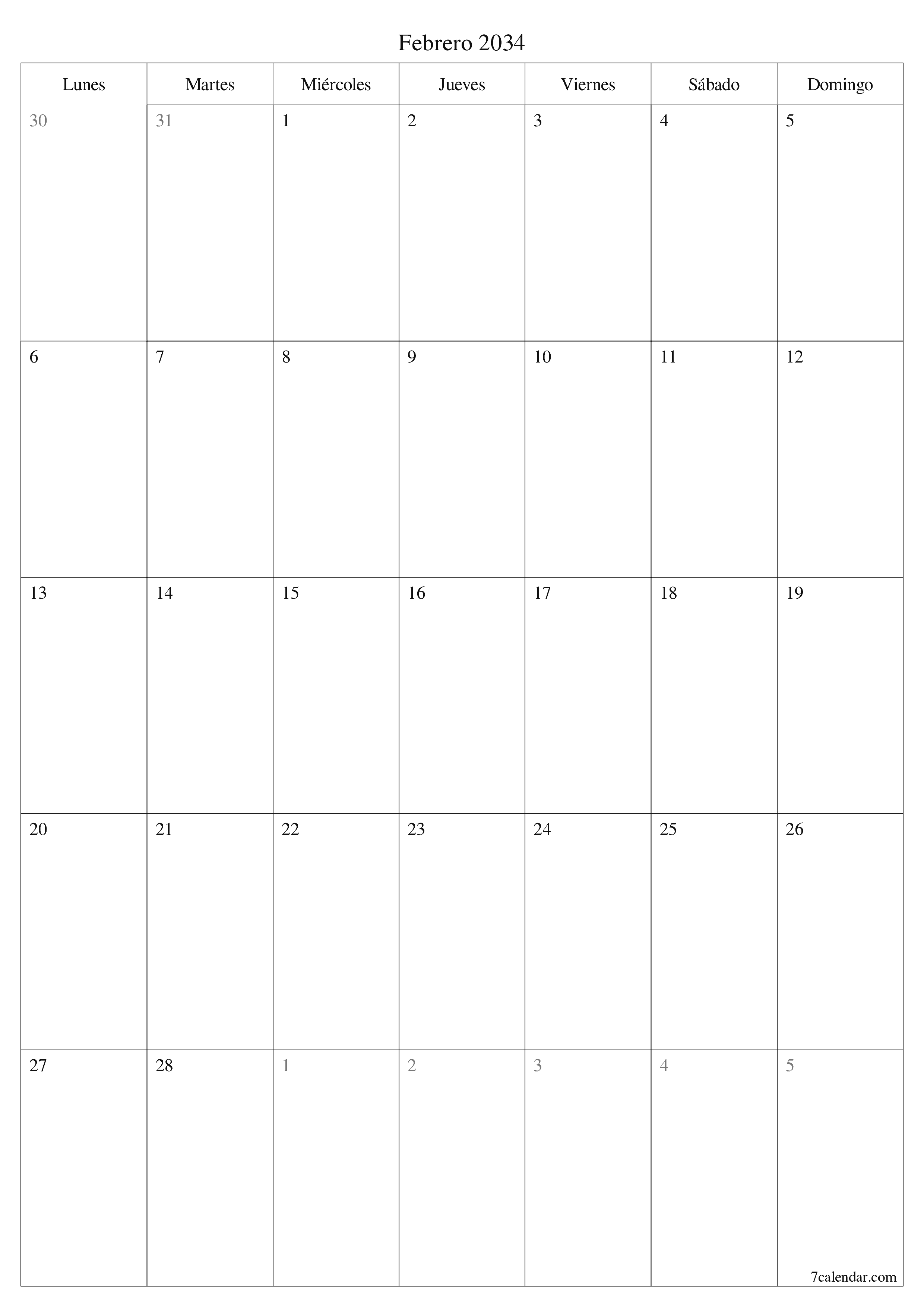  imprimible de pared plantilla de gratisvertical Mensual planificador calendario Febrero (Feb) 2034