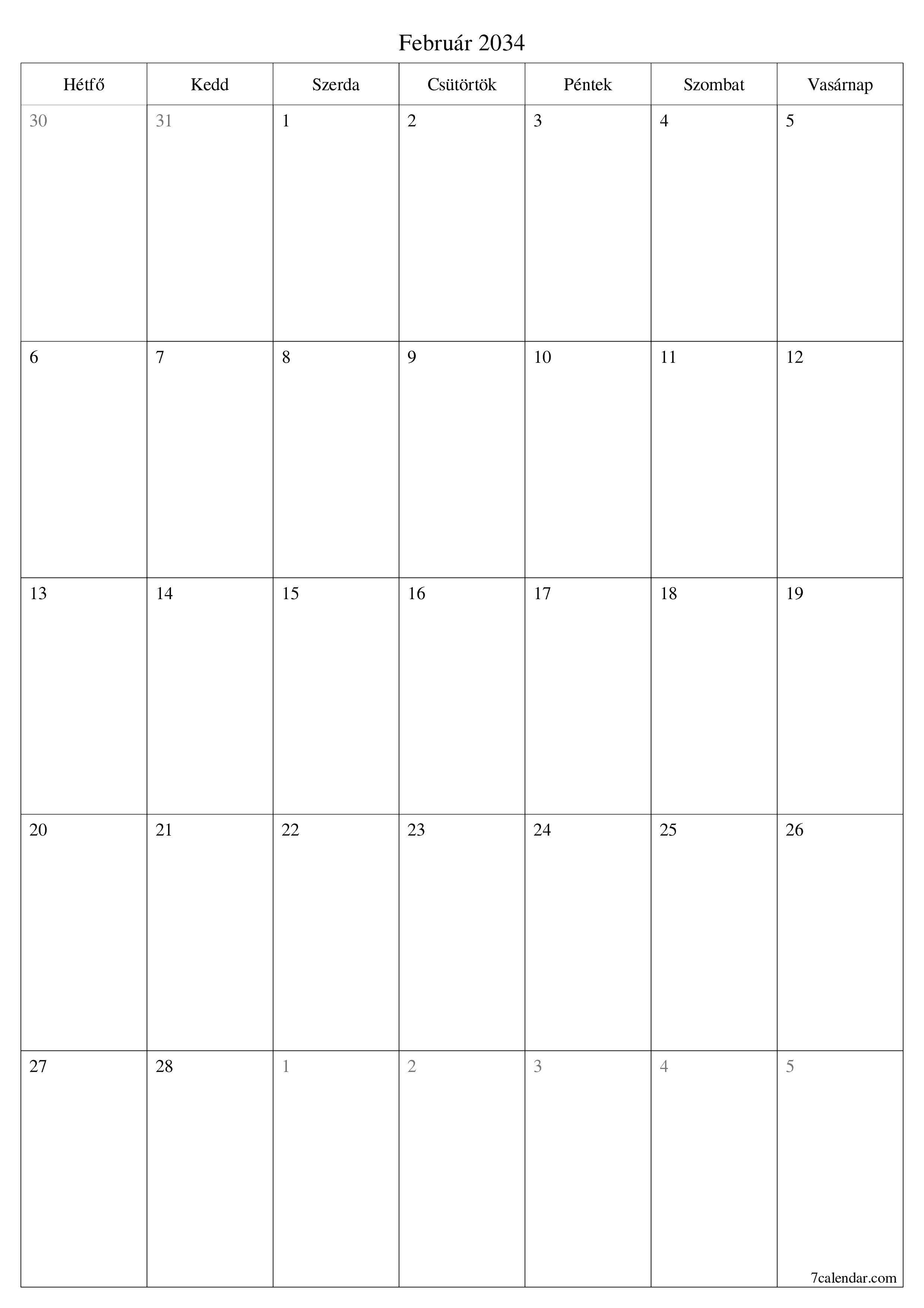 nyomtatható fali sablon ingyenes függőleges Havi tervező naptár Február (Feb) 2034
