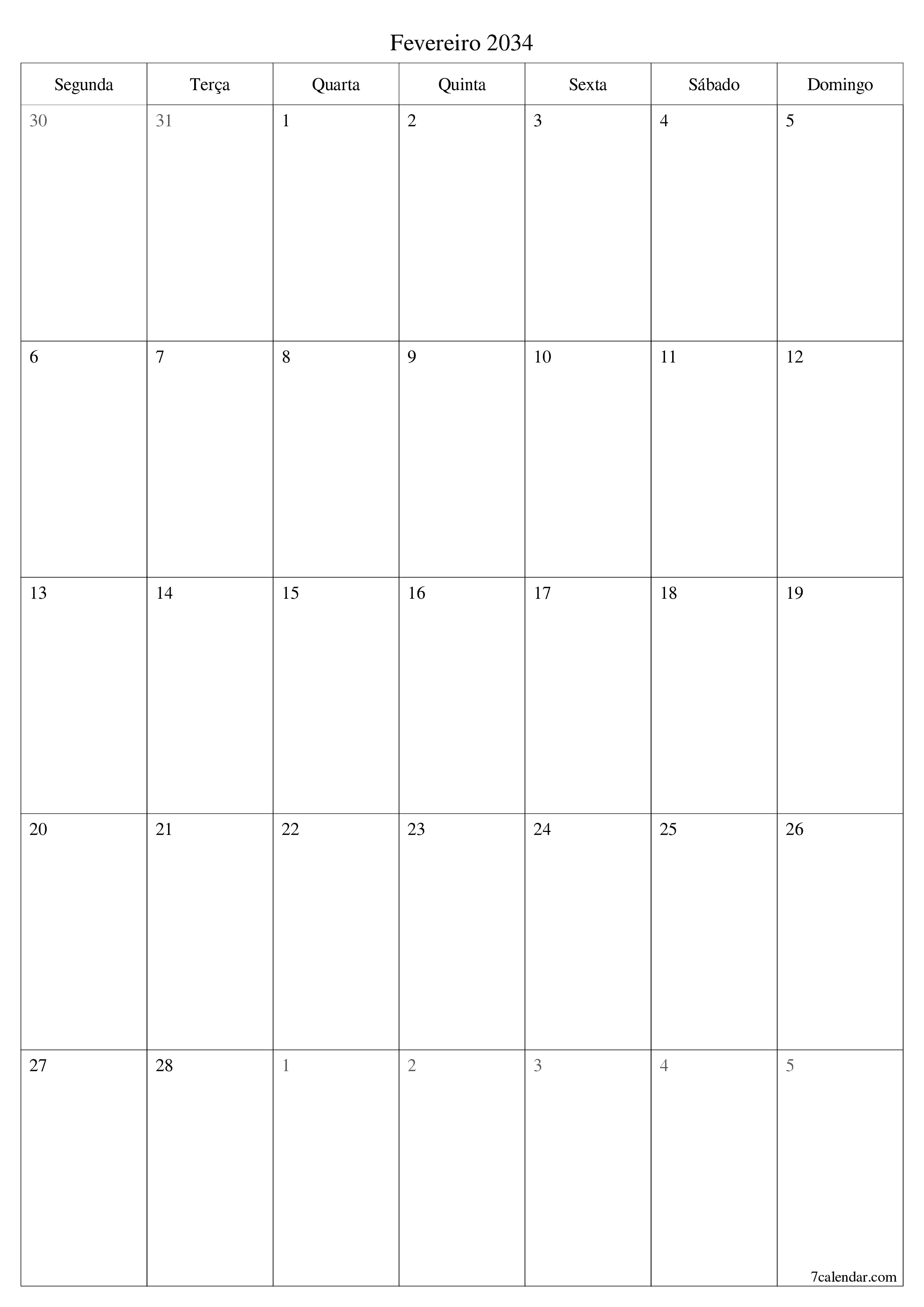  para impressão de parede modelo de grátisvertical Mensal planejador calendário Fevereiro (Fev) 2034