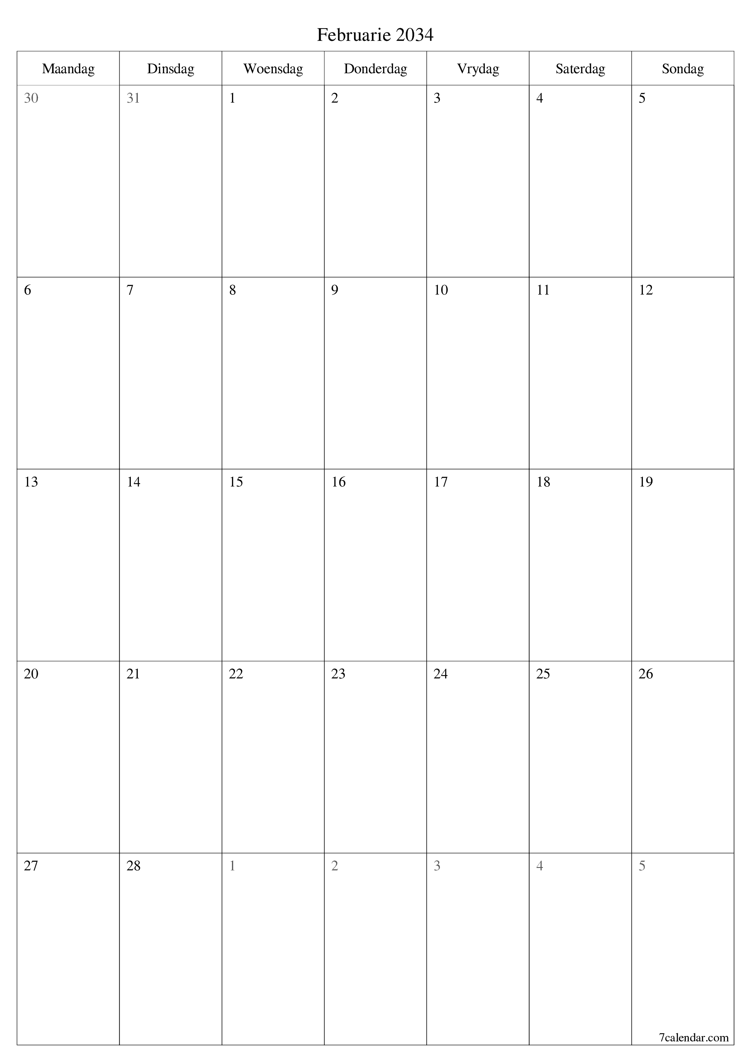 Leë maandelikse drukbare kalender en beplanner vir maand Februarie 2034 met notas stoor en druk na PDF PNG Afrikaans