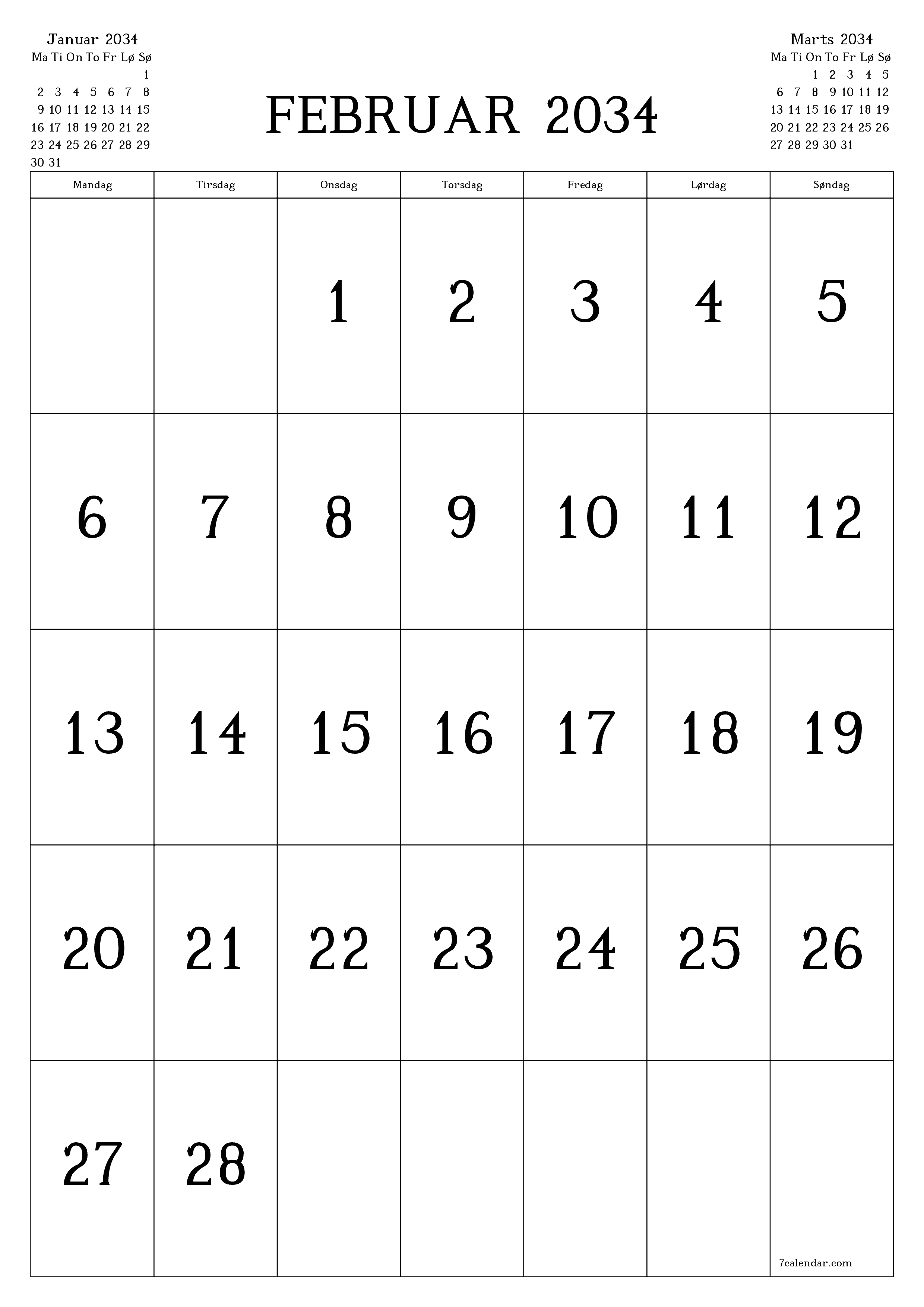 udskrivbar væg skabelon gratis lodret Månedlig kalender Februar (Feb) 2034