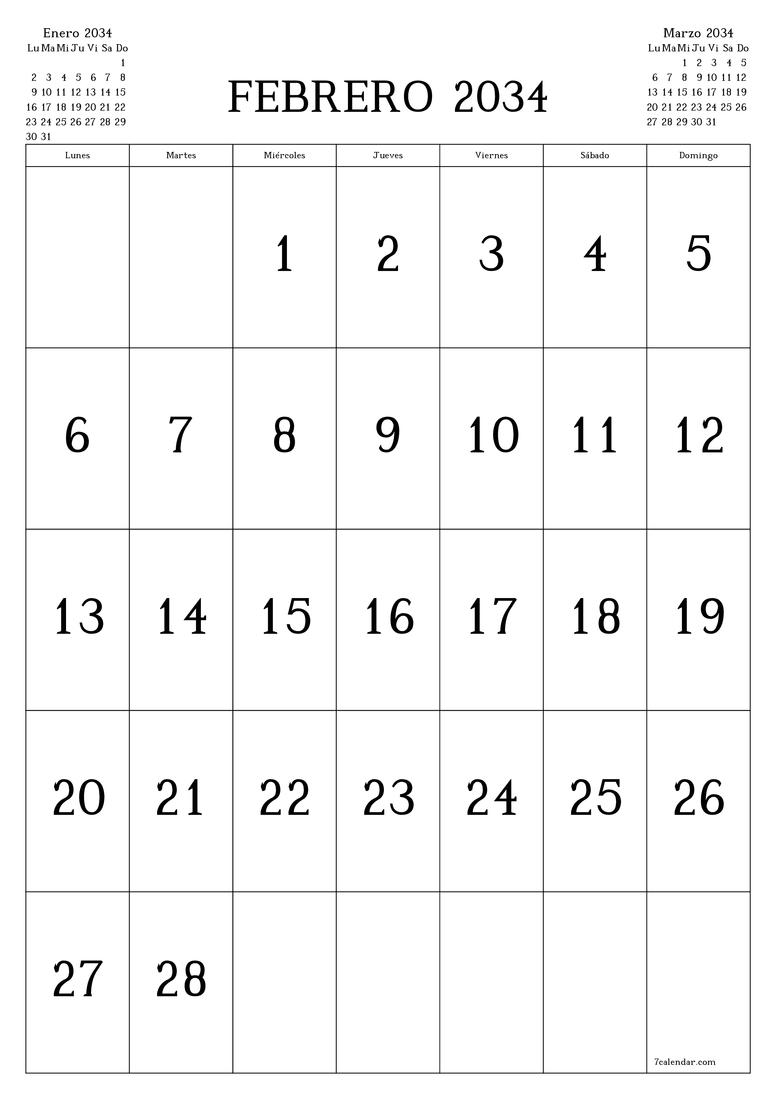  imprimible de pared plantilla de gratisvertical Mensual calendario Febrero (Feb) 2034