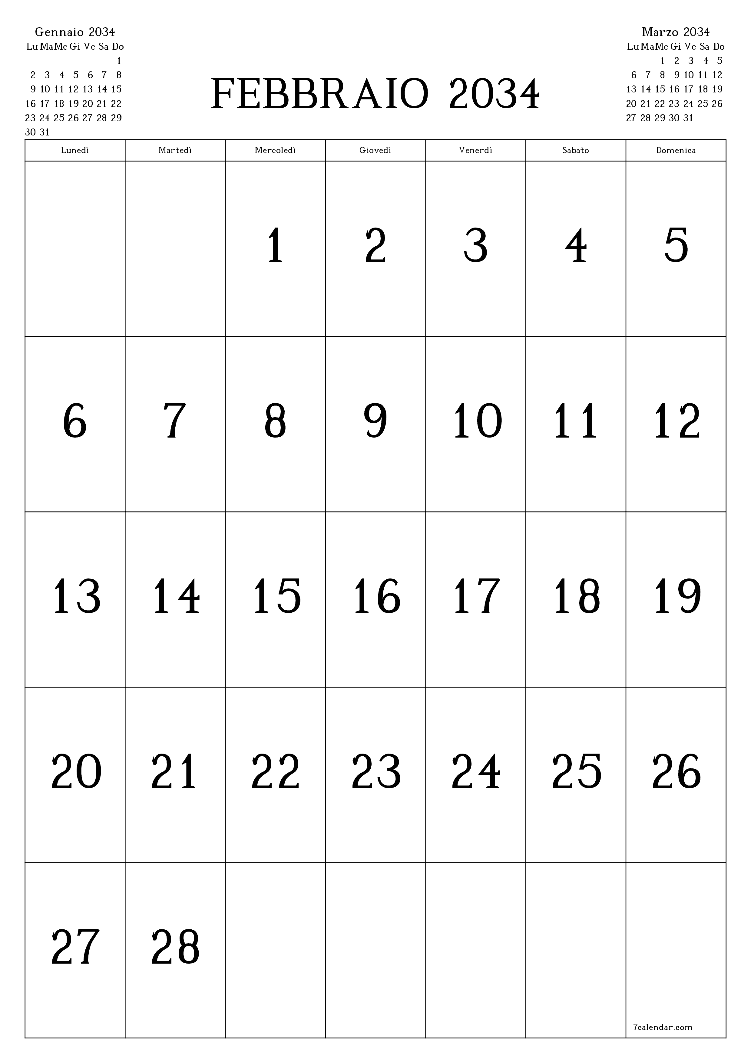 Pianificatore mensile vuoto per il mese Febbraio 2034 con note, salva e stampa in PDF PNG Italian