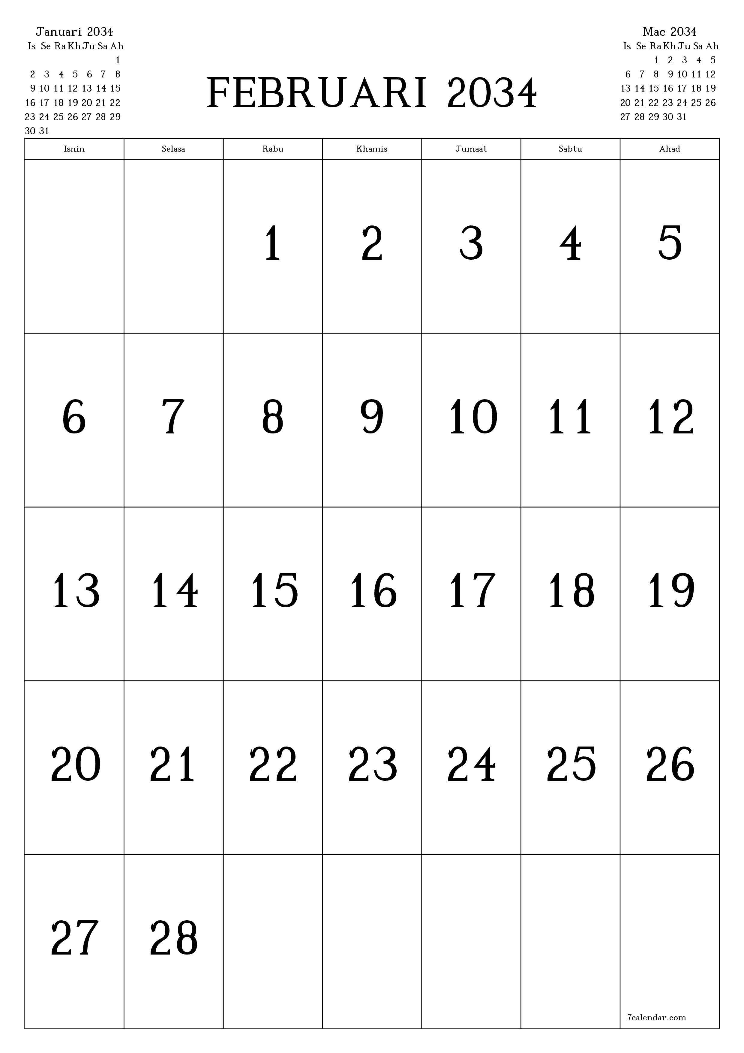 boleh cetak dinding templat percumamenegak Bulanan kalendar Februari (Feb) 2034