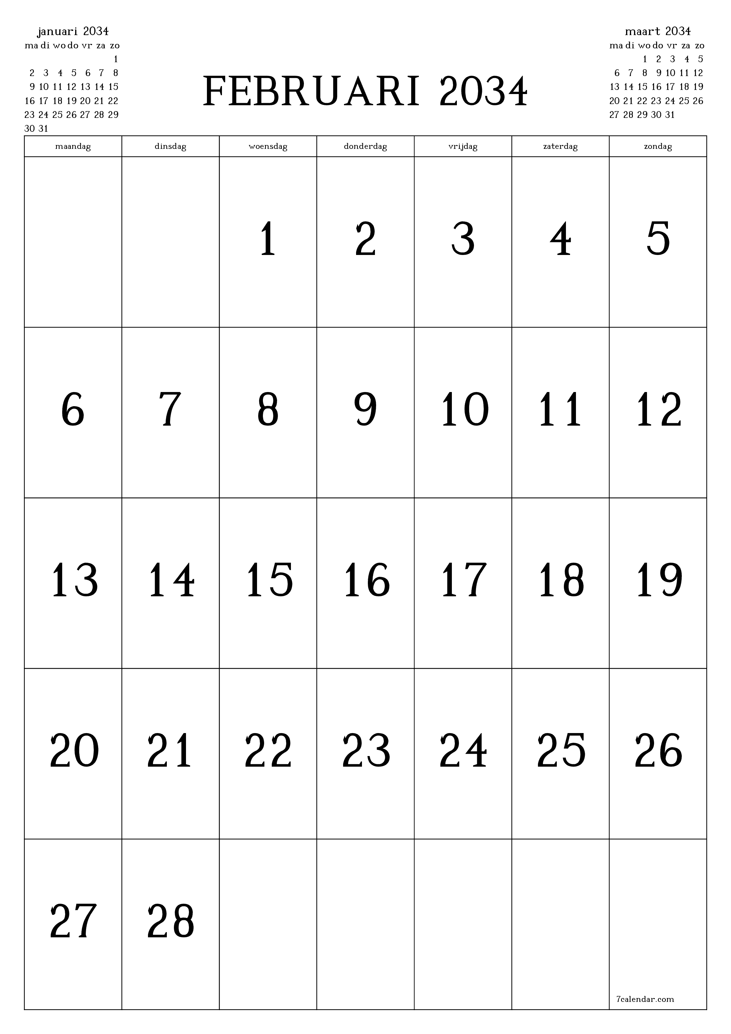afdrukbare muur sjabloon gratis verticaal Maandelijks kalender februari (feb) 2034