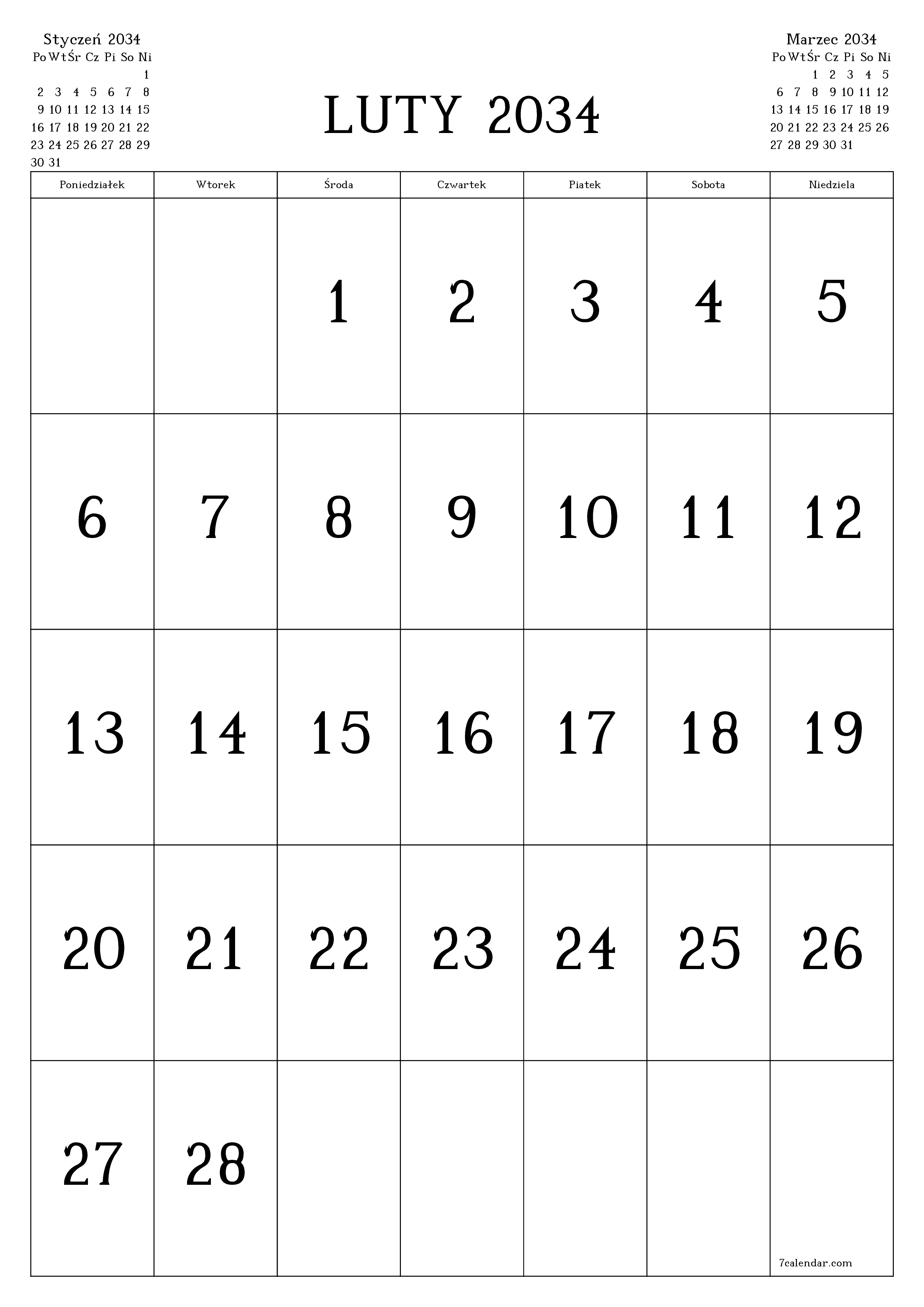  do druku ścienny szablon a darmowy pionowy Miesięczny kalendarz Luty (Lut) 2034