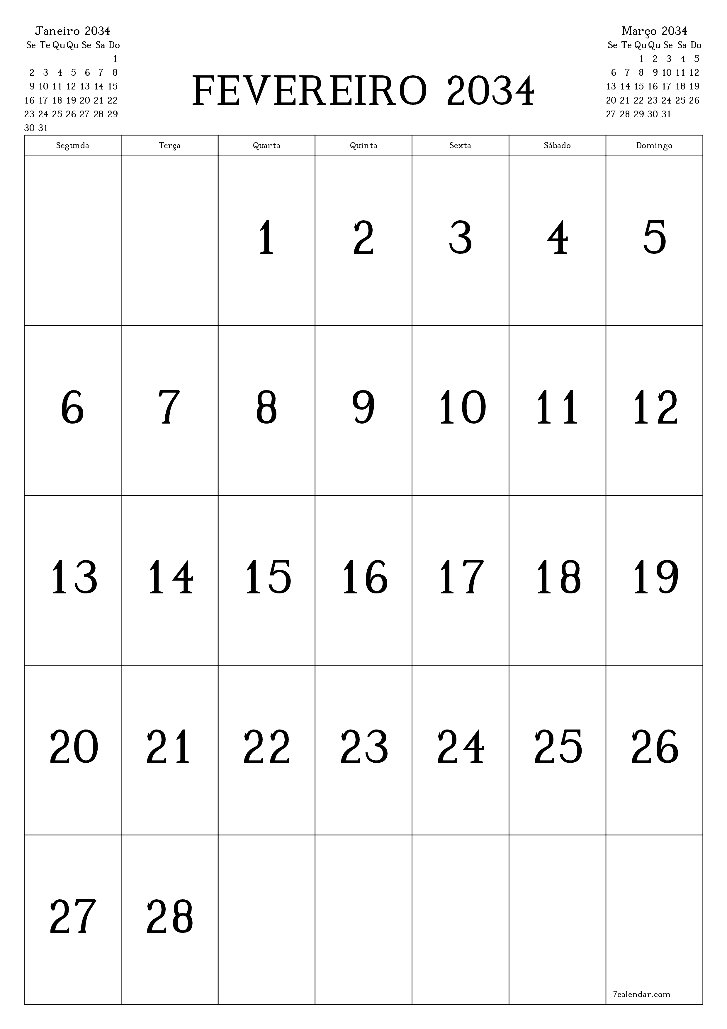  para impressão de parede modelo de grátisvertical Mensal calendário Fevereiro (Fev) 2034