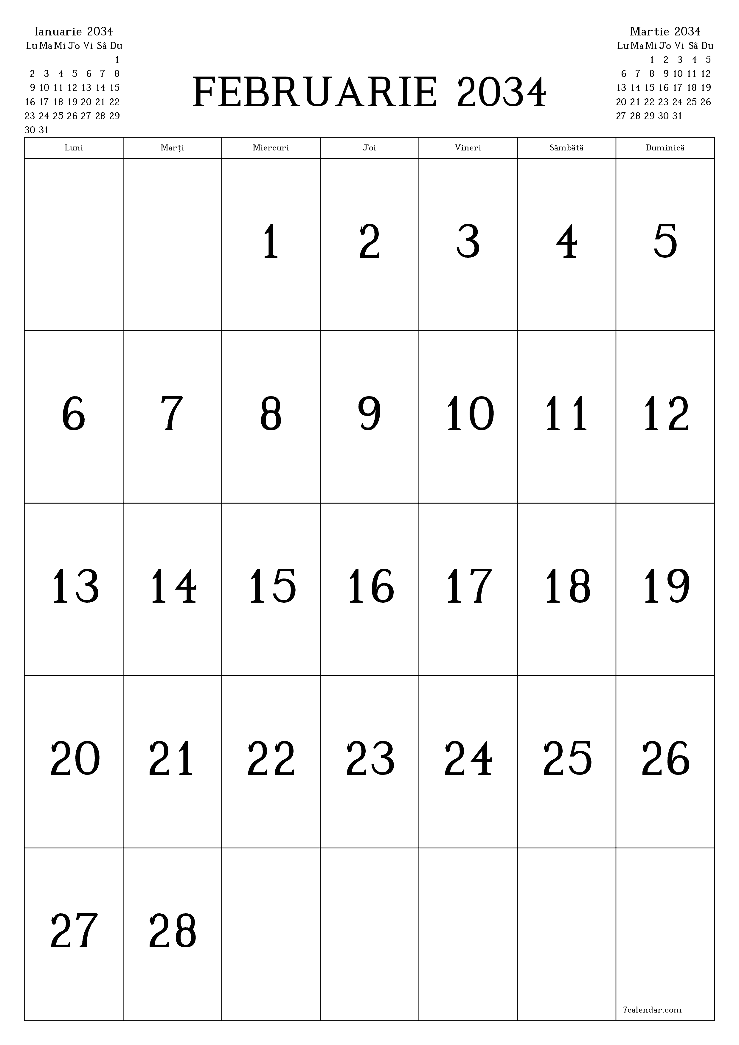  imprimabil de perete șablon de gratuitvertical Lunar calendar Februarie (Feb) 2034