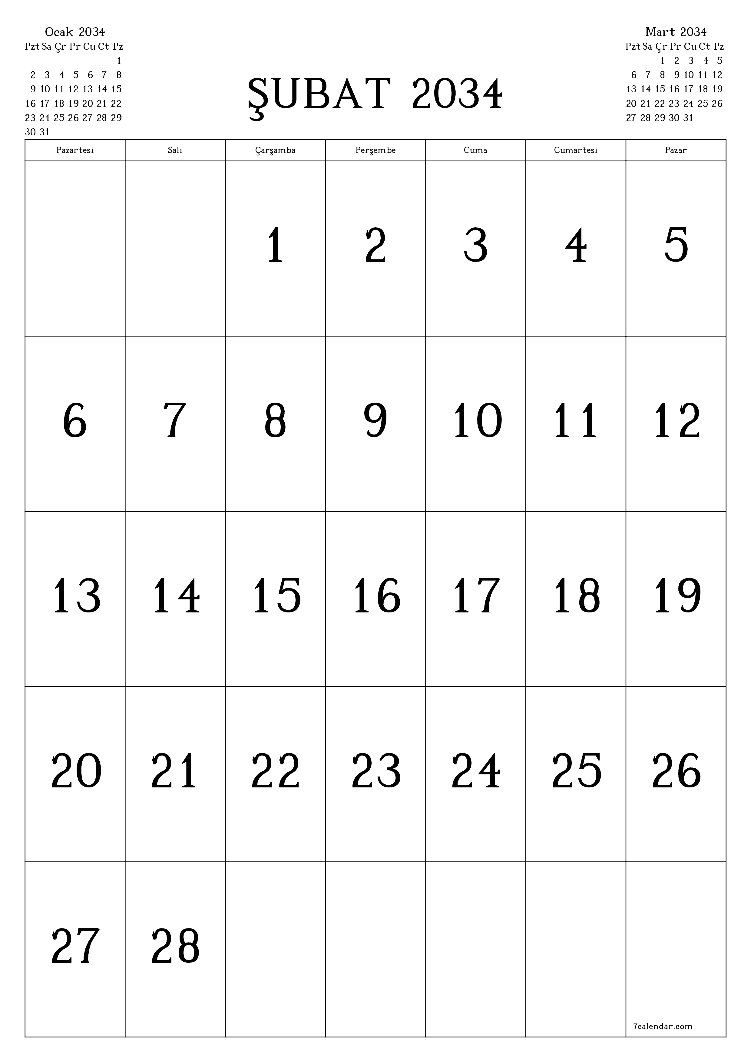 yazdırılabilir duvar i şablonu ücretsiz dikey Aylık takvim Şubat (Şub) 2034