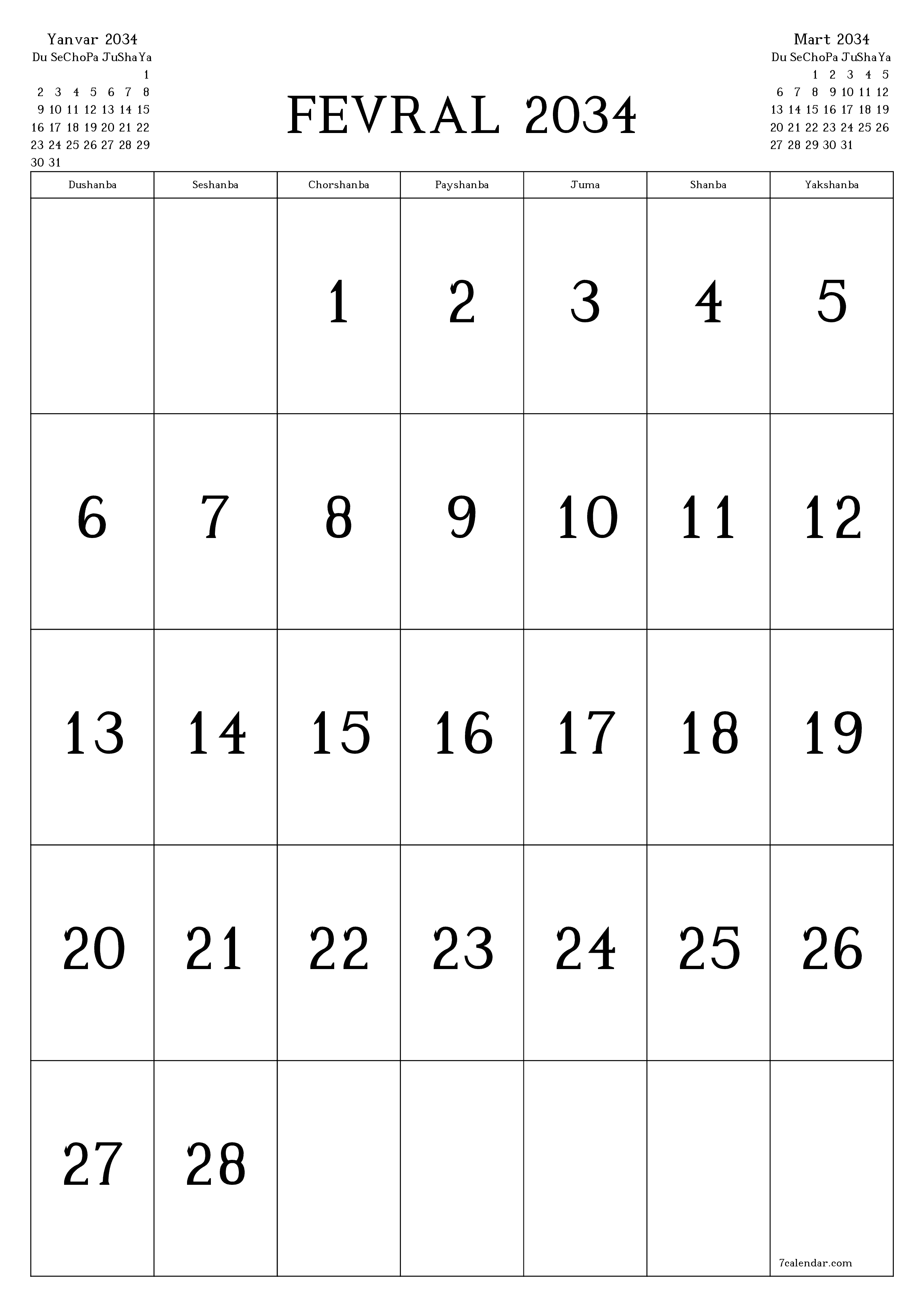 chop etiladigan devor taqvimi shabloni bepul vertikal Oylik kalendar Fevral (Fev) 2034