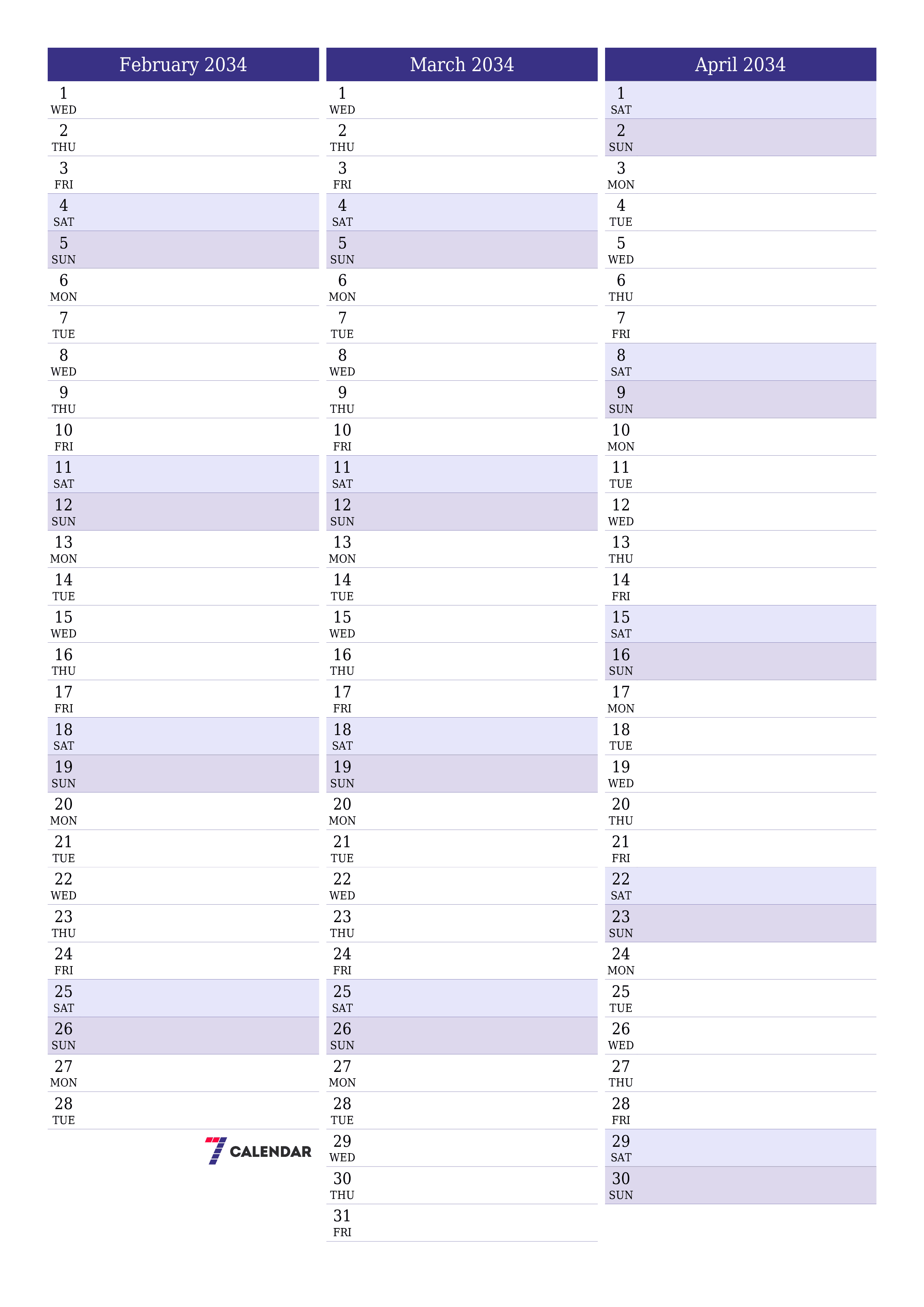 Blank calendar February 2034