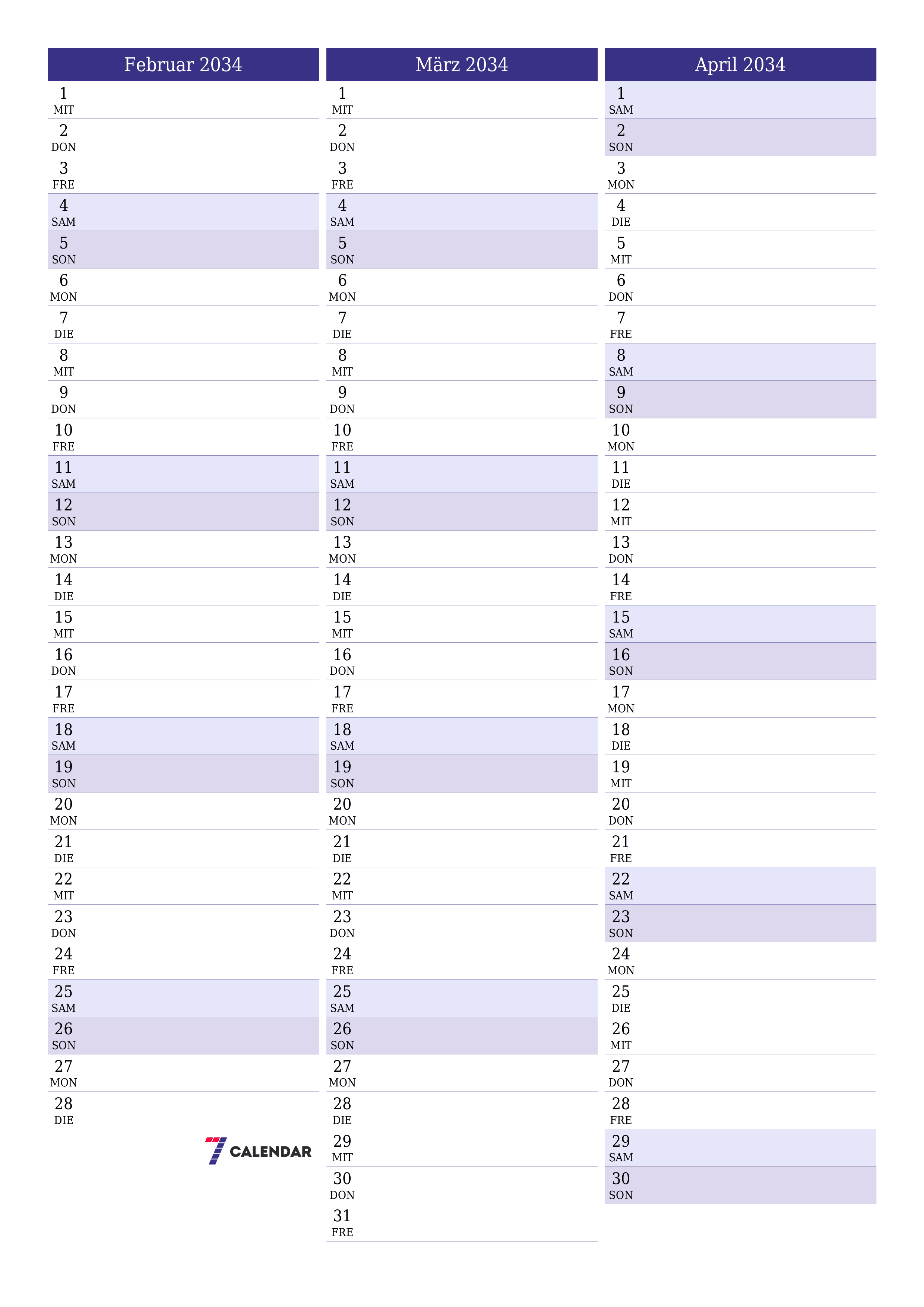  zum Ausdrucken Wandkalender vorlage kostenloser vertikal Monatlich Planer Kalender Februar (Feb) 2034