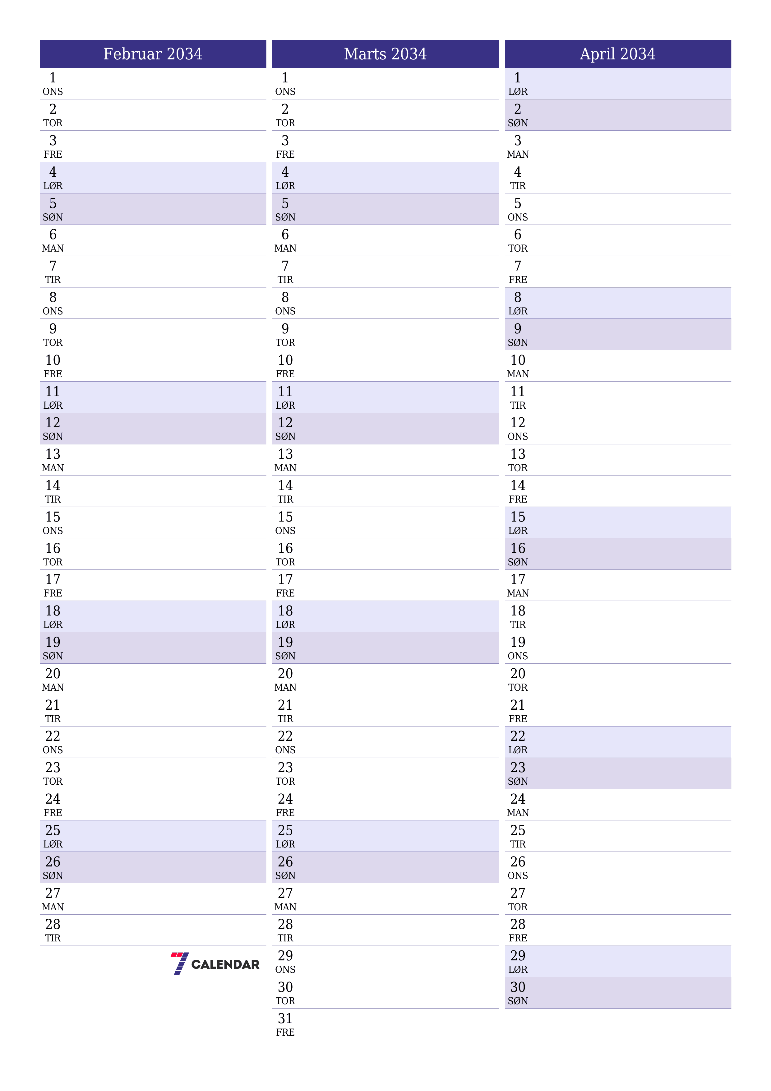 udskrivbar væg skabelon gratis lodret Månedlig planlægger kalender Februar (Feb) 2034