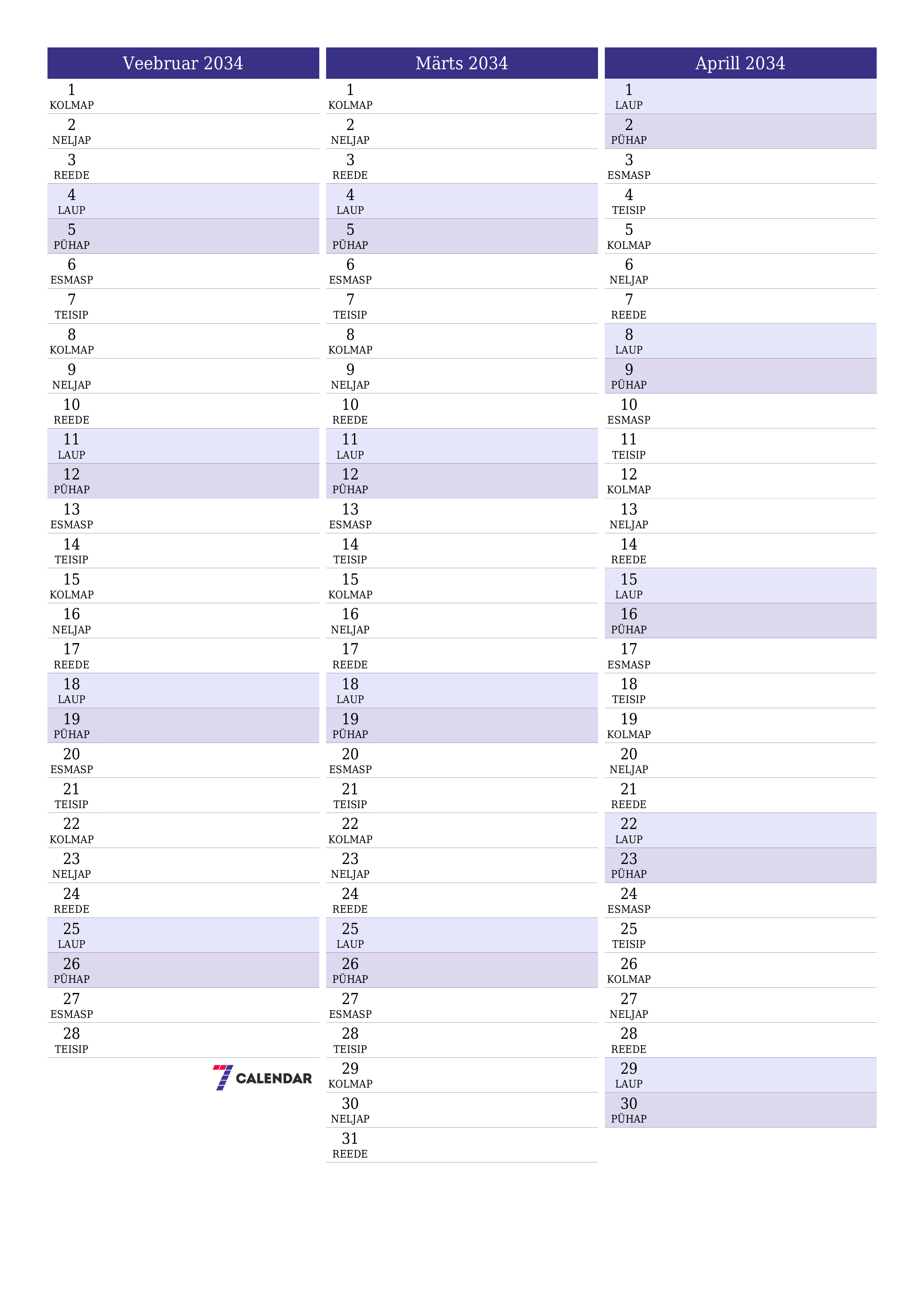 Tühjendage kuu Veebruar 2034 kuuplaneerija märkmetega, salvestage ja printige PDF-i PNG Estonian