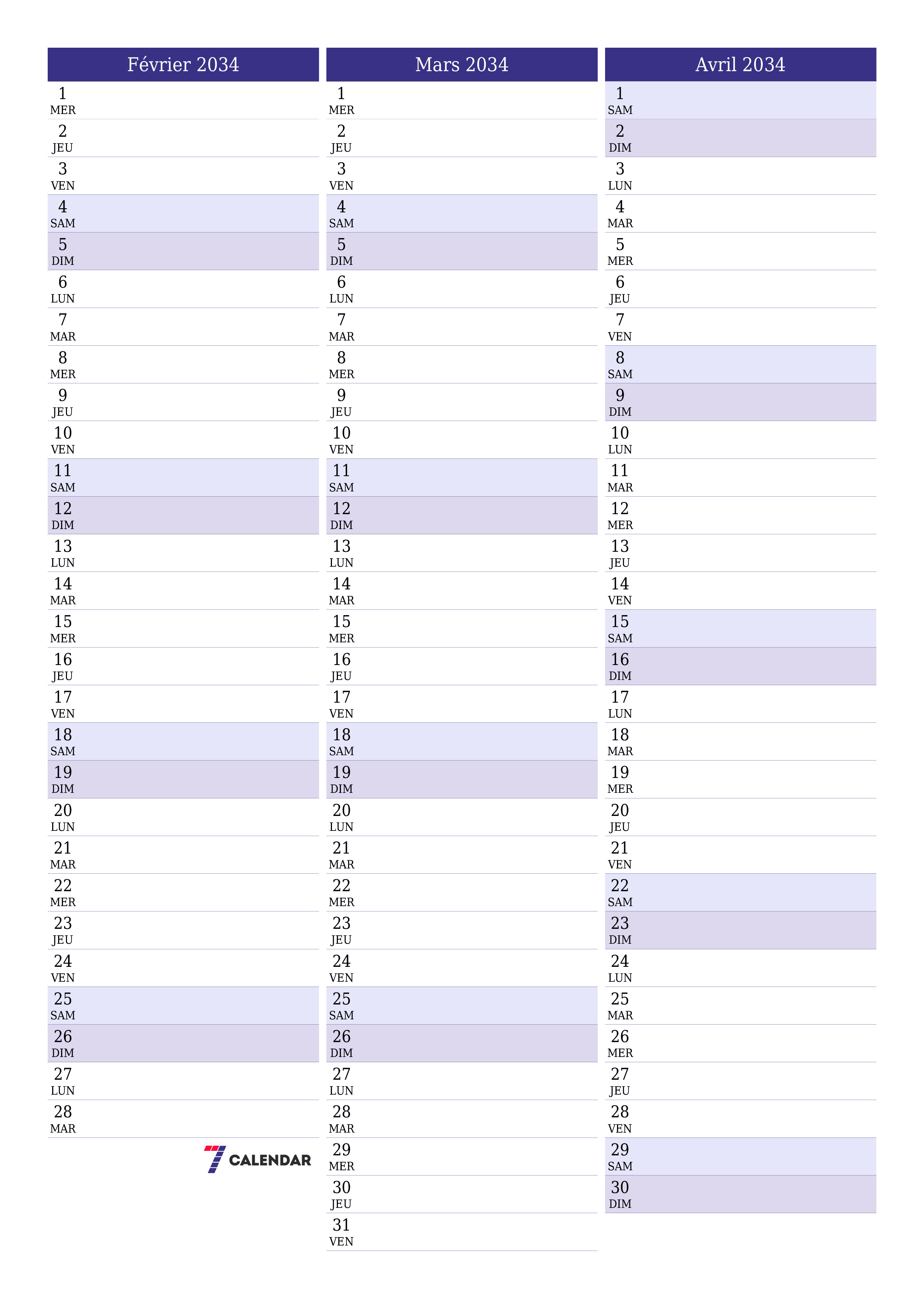  imprimable mural modèle de gratuitverticale Mensuel planificateur calendrier Février (Fév) 2034