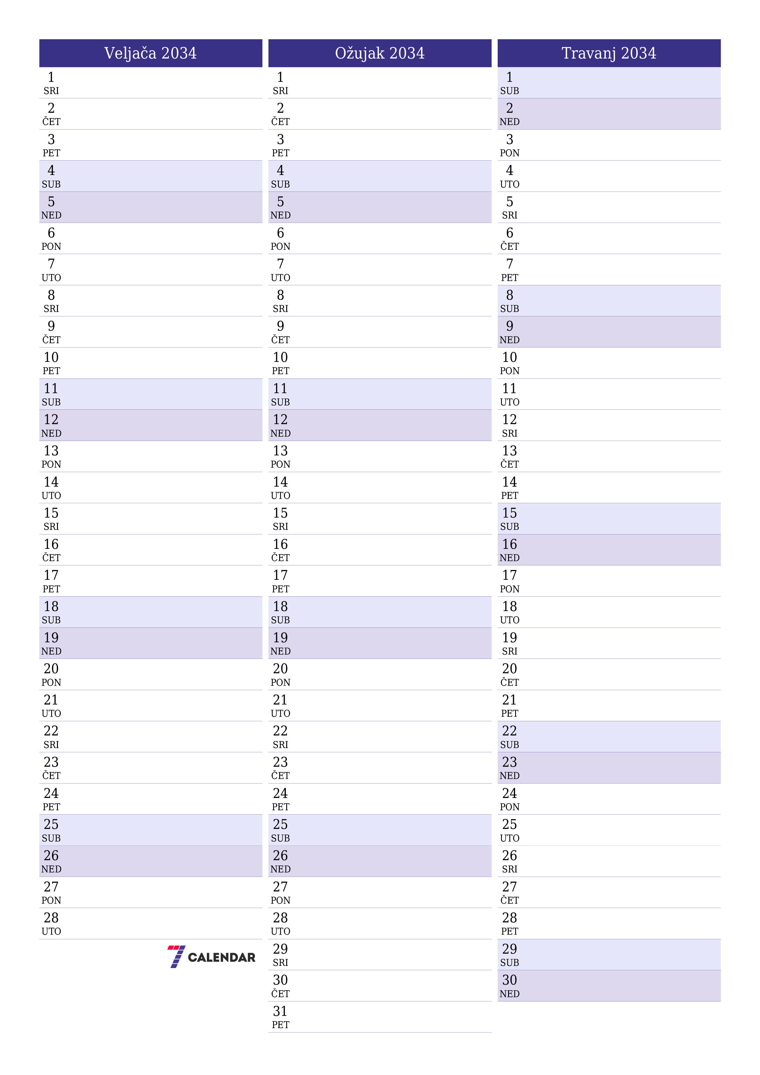  za ispis zidni predložak a besplatni okomito Mjesečni planer kalendar Veljača (Vel) 2034