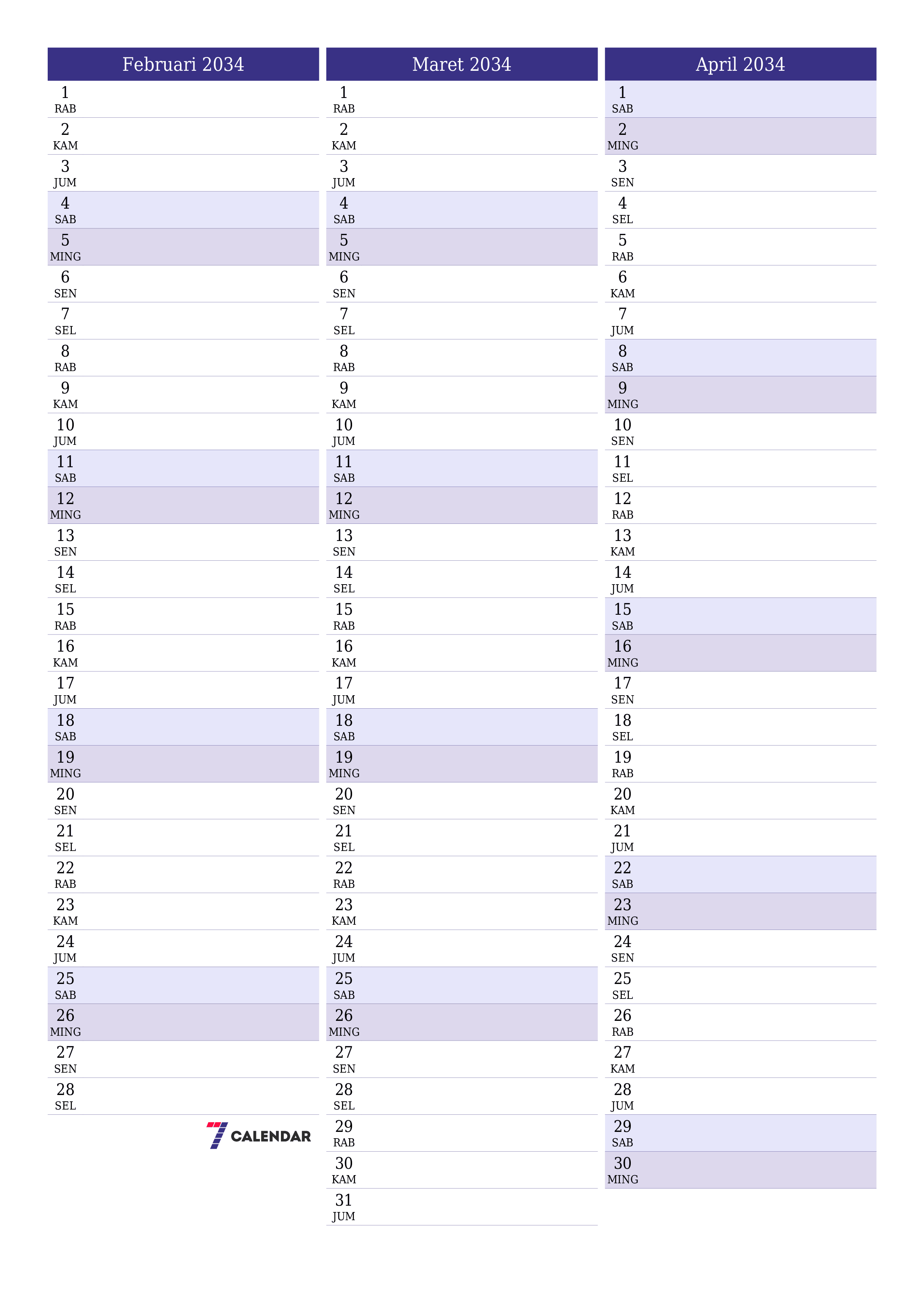 Kosongkan agenda bulanan untuk bulan Februari 2034 dengan catatan, simpan dan cetak ke PDF PNG Indonesian