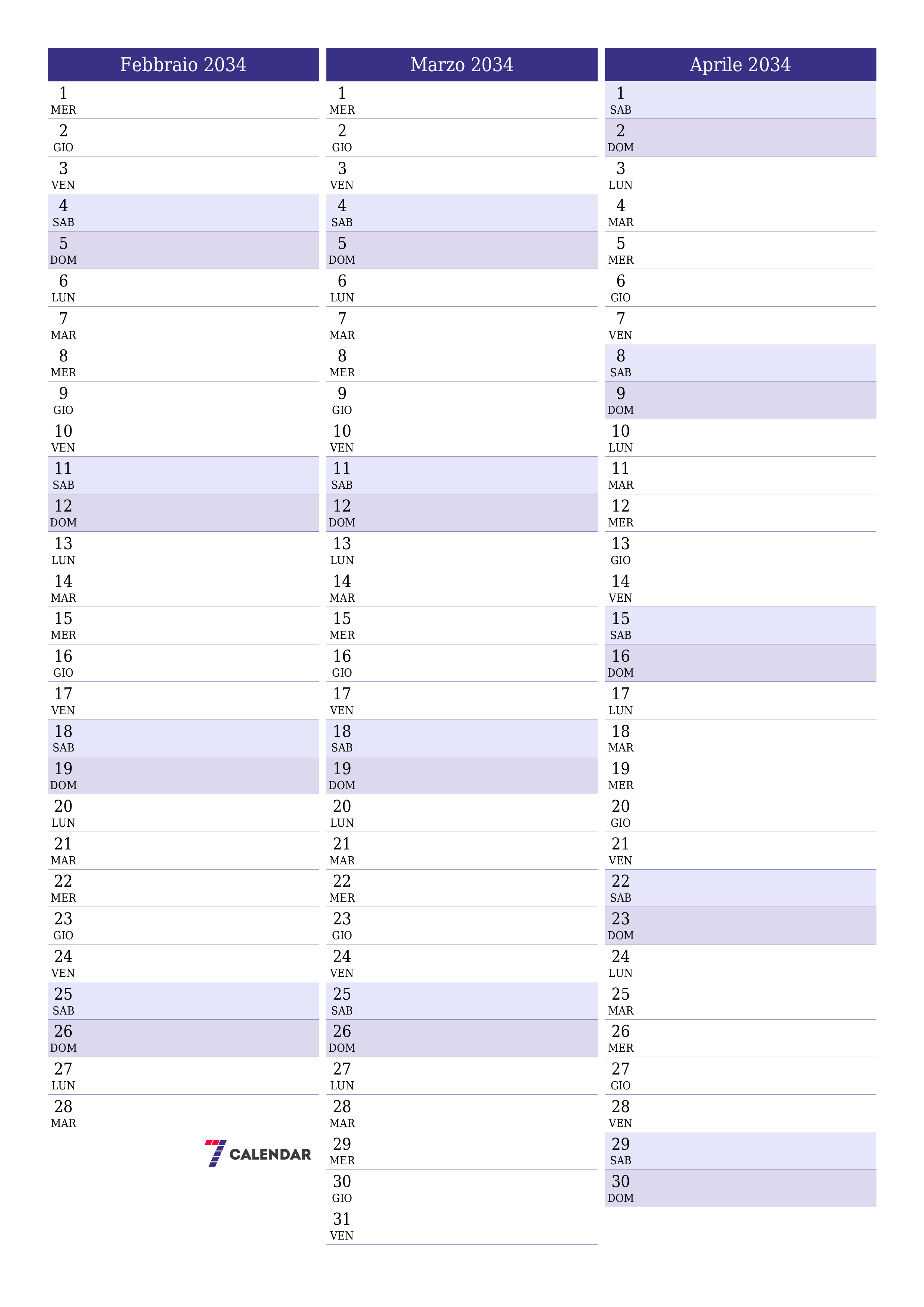 Pianificatore mensile vuoto per il mese Febbraio 2034 con note, salva e stampa in PDF PNG Italian