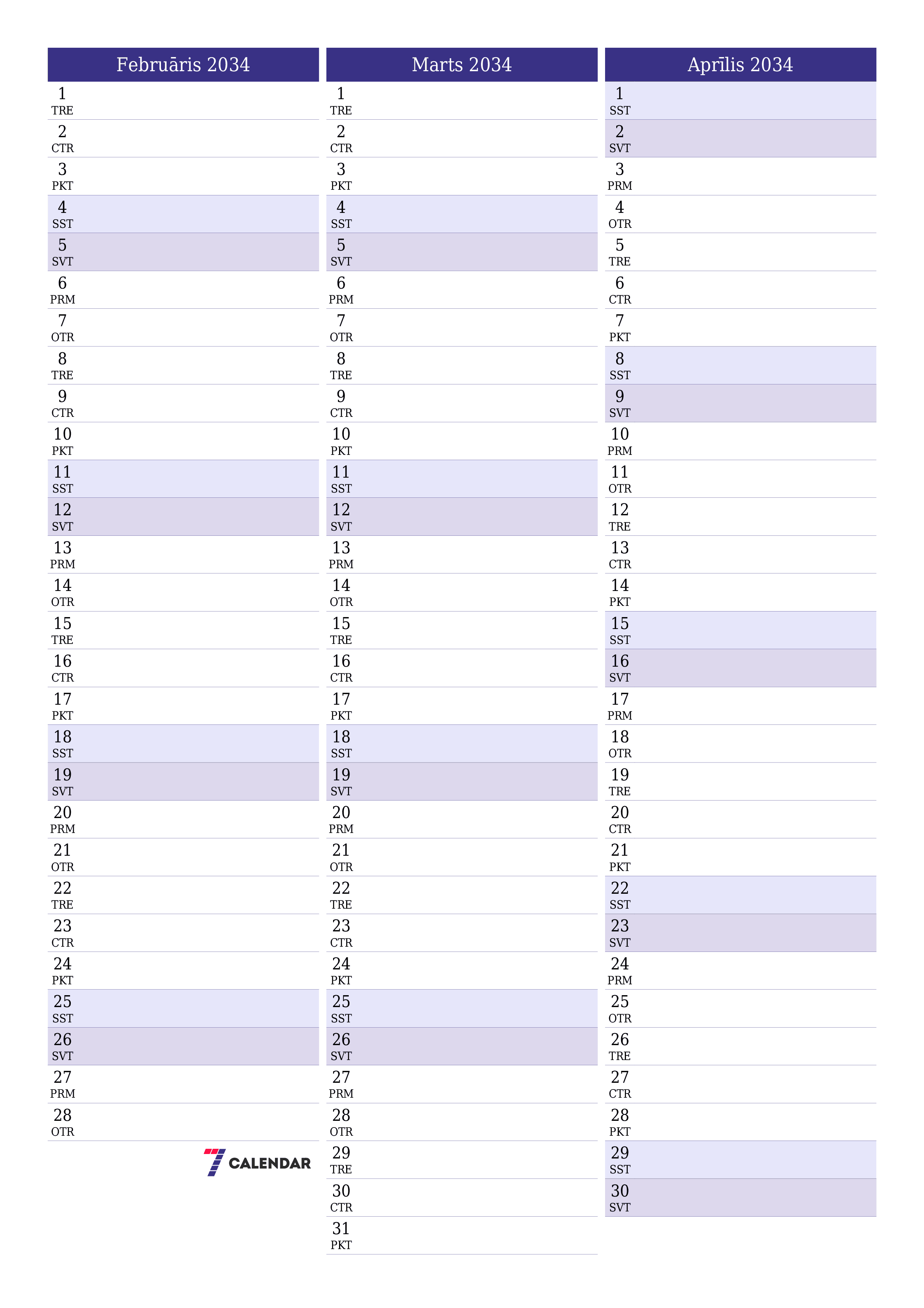 izdrukājams sienas kalendāra veidne bezmaksas vertikāli Mēneša plānotājs kalendārs Februāris (Feb) 2034