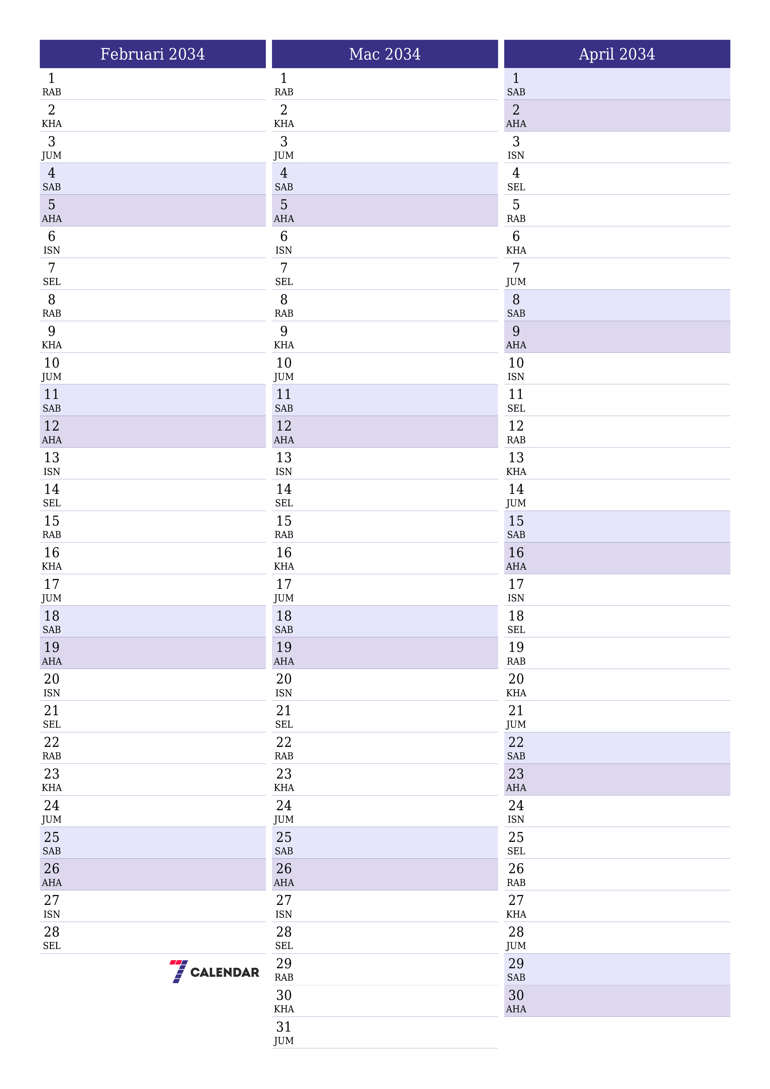  boleh cetak dinding templat percumamenegak Bulanan perancang kalendar Februari (Feb) 2034